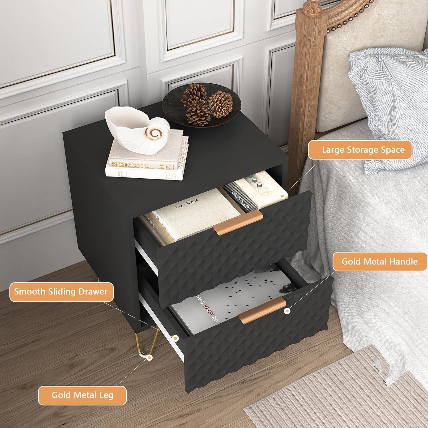 White and Gold Nightstand Set of 2,Modern Bedside Table with 2 Drawer for Bedroom,End Side Table with Gold Legs for Living Room,White Night Stand Set 2 for Bedroom