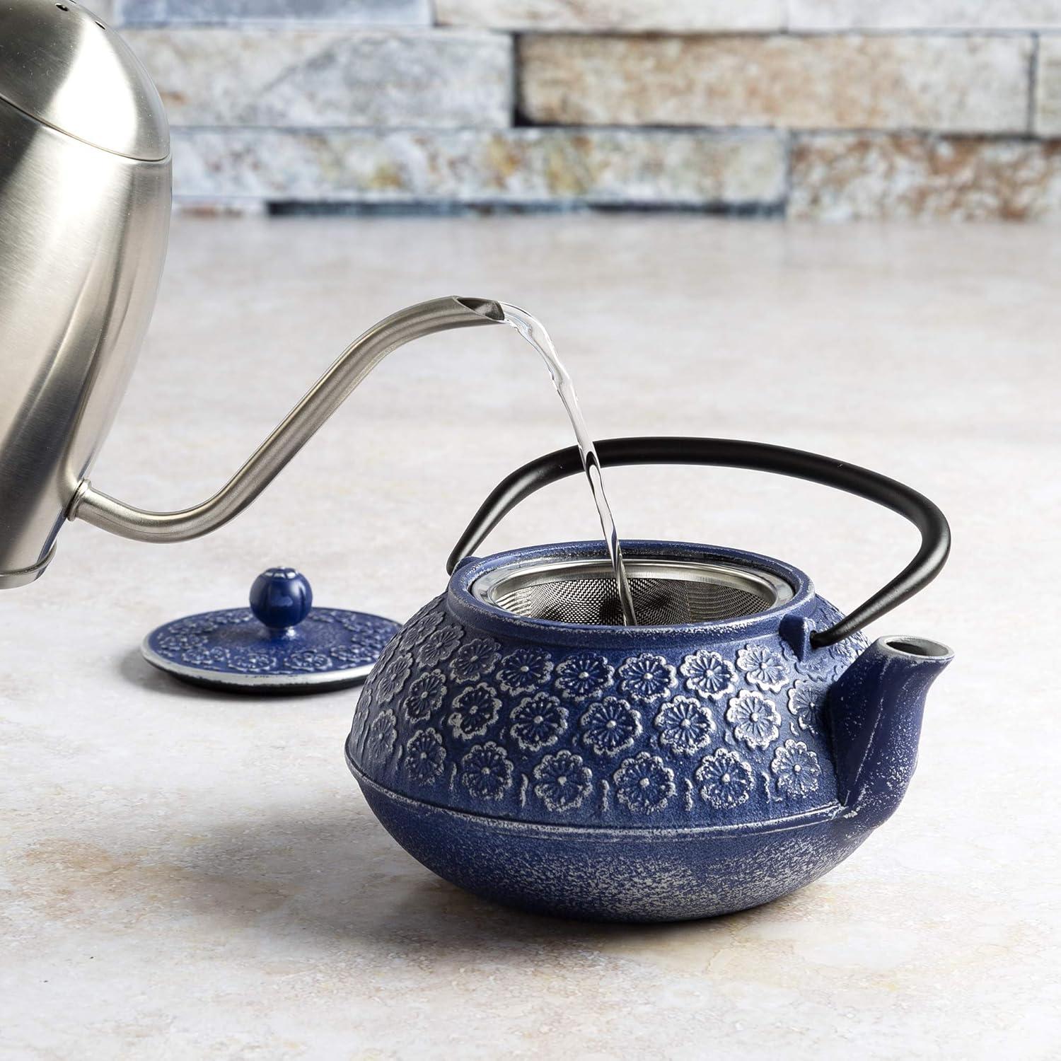 Juvale Cast Iron Tea Pot with Stainless Steel Loose Leaf Infuser, Blue, 34 oz