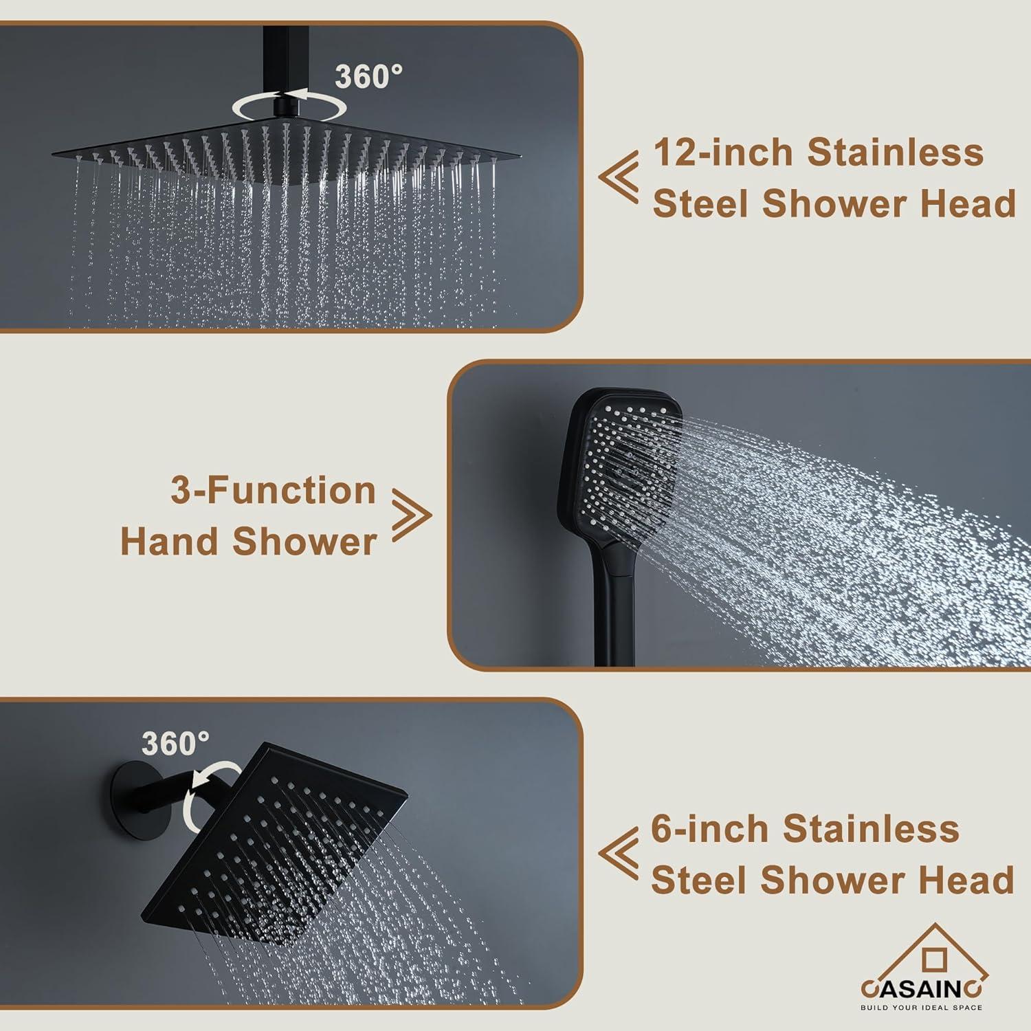 Rainfall Symphony 12inch 3-Function Dual Shower Head Thermostatic Shower System with 3 Sprays Handheld