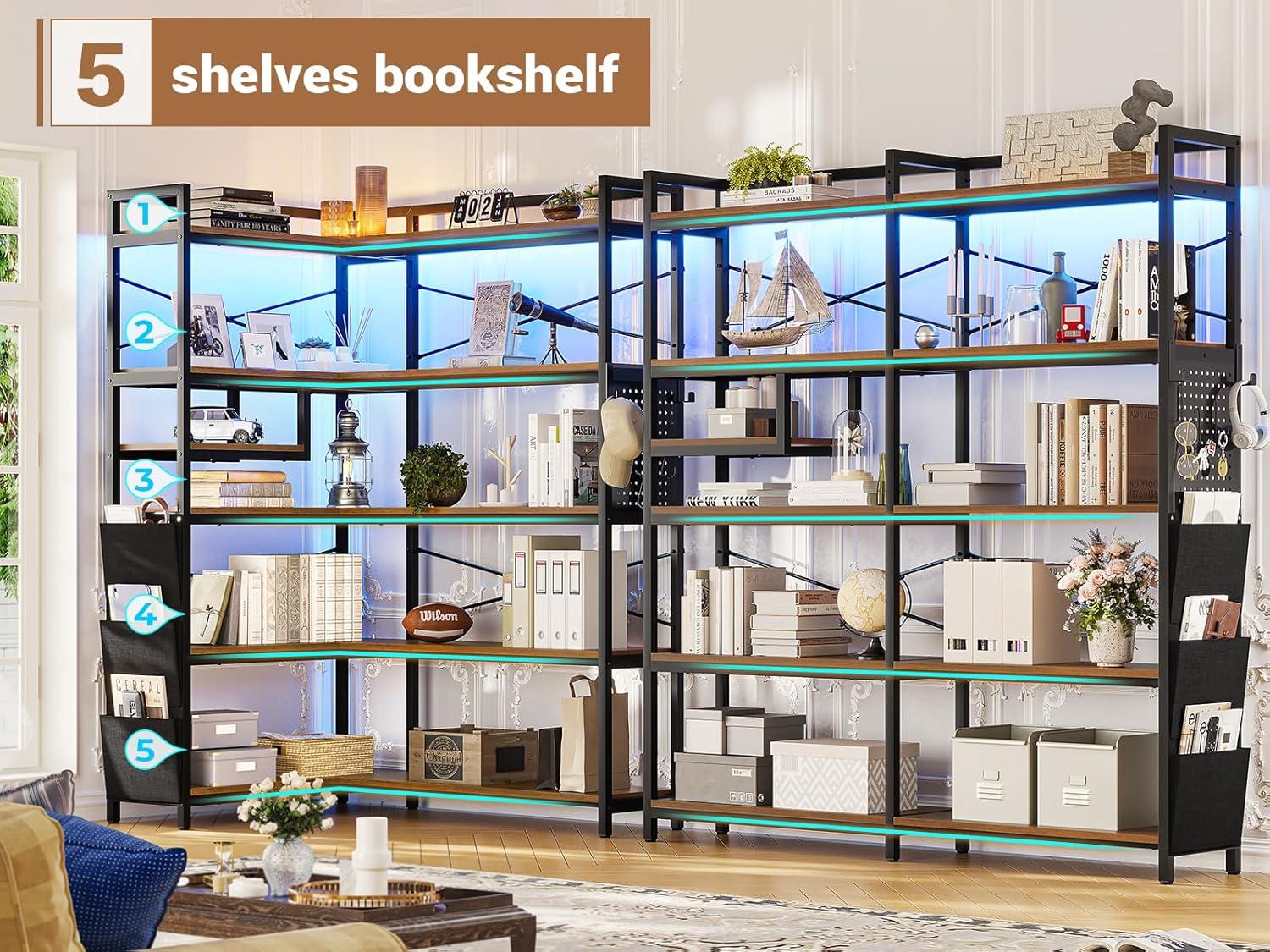 5-Tier Book Shelf with LED Light, 63" Reversible Storage Shelves, Corner Bookshelf with Storage Bag and Pegboard, Black