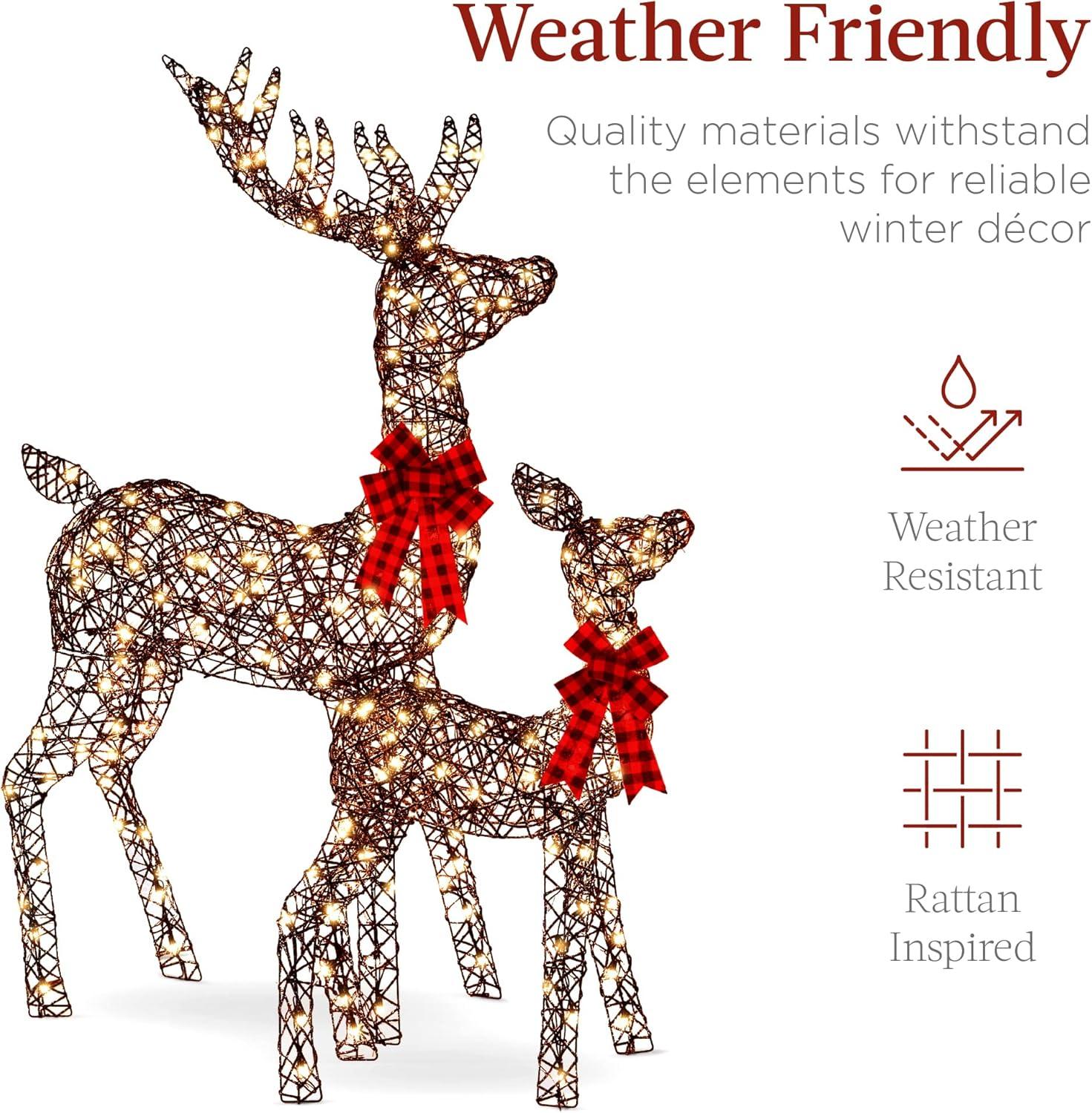 Best Choice Products 3-Piece Rattan Deer Set, Lighted Christmas Outdoor Decoration w/ 360 Lights, Stakes - Rattan