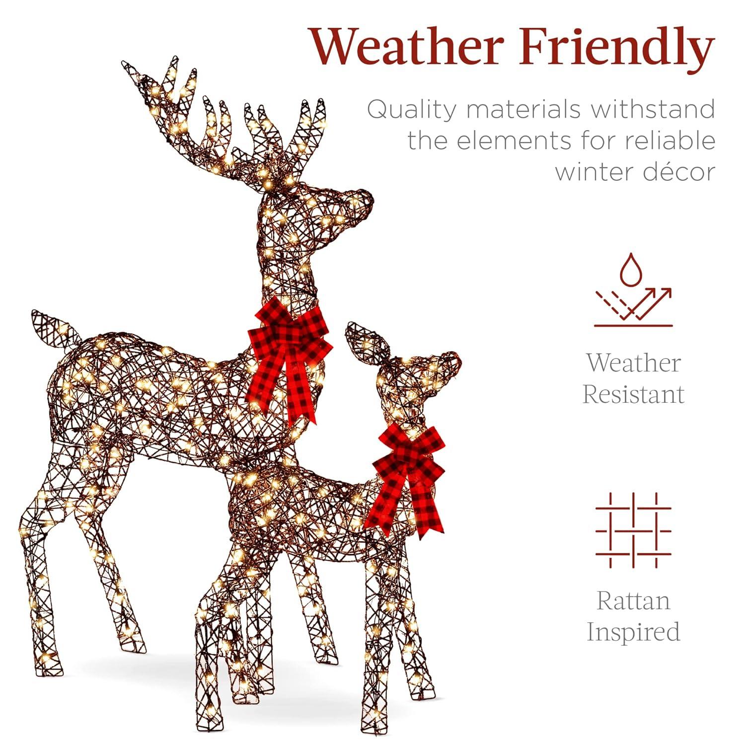 Best Choice Products 3-Piece Rattan Deer Set, Lighted Christmas Outdoor Decoration w/ 360 Lights, Stakes - Rattan