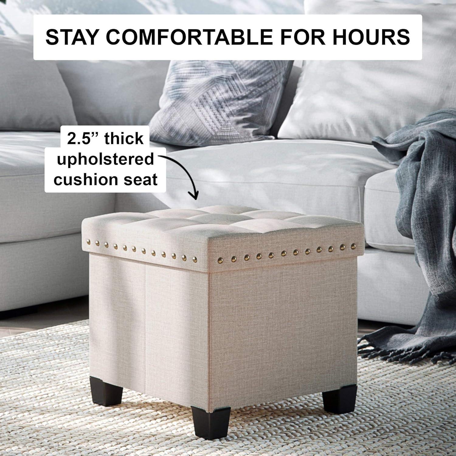 Nathan James Payton Foldable Cube Storage Ottoman Footrest and Seat with Beige Fabric