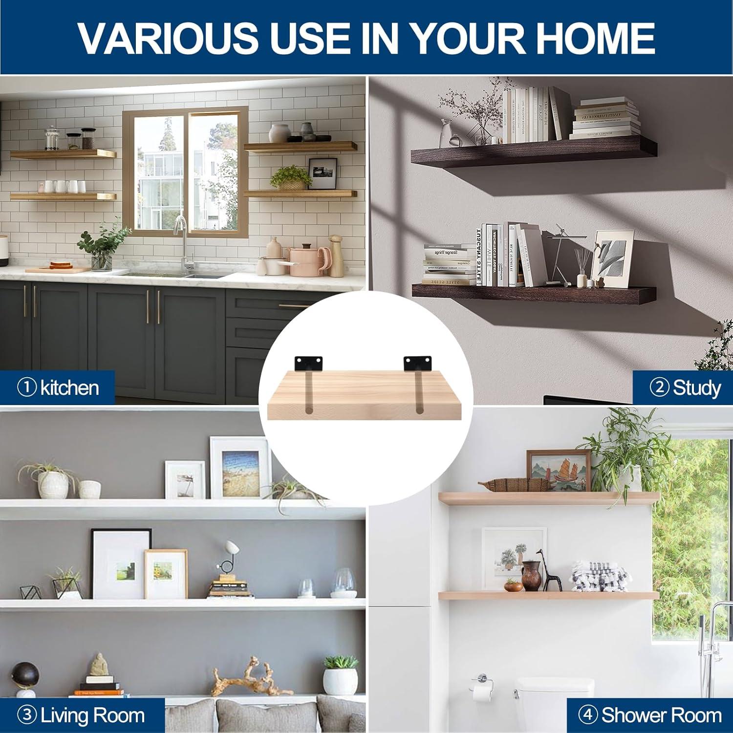 8 Pcs 6" Black Solid Steel Floating Shelf Bracket Blind Shelf Supports - Hidden Brackets for Floating Wood Shelves - Concealed Blind Shelf Support – Screws and Wall Plugs Included