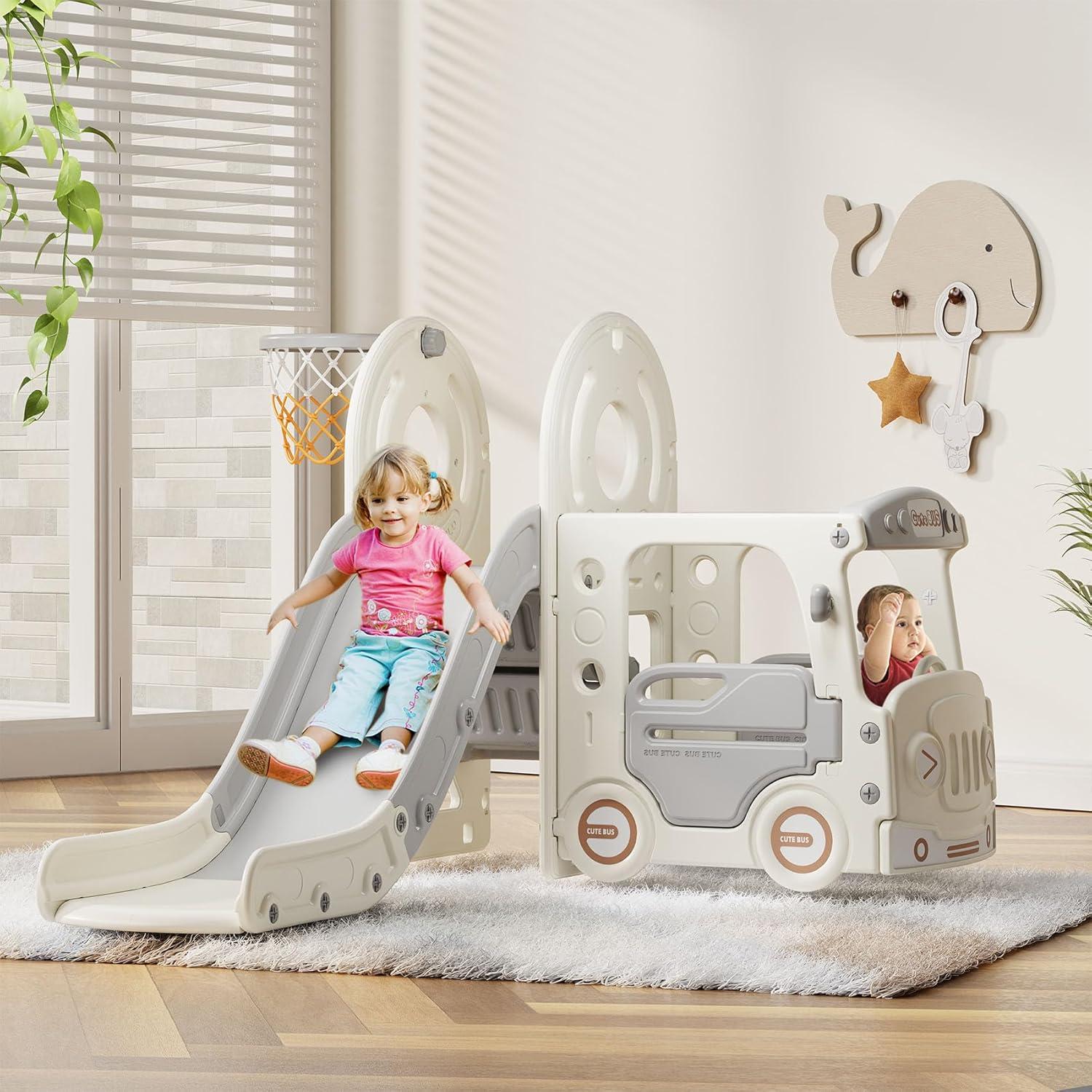 Suteck 4 in 1 Toddler Slide, Kids Slide with Climber and Bus Playhouse Outdoor Indoor Slide Playset