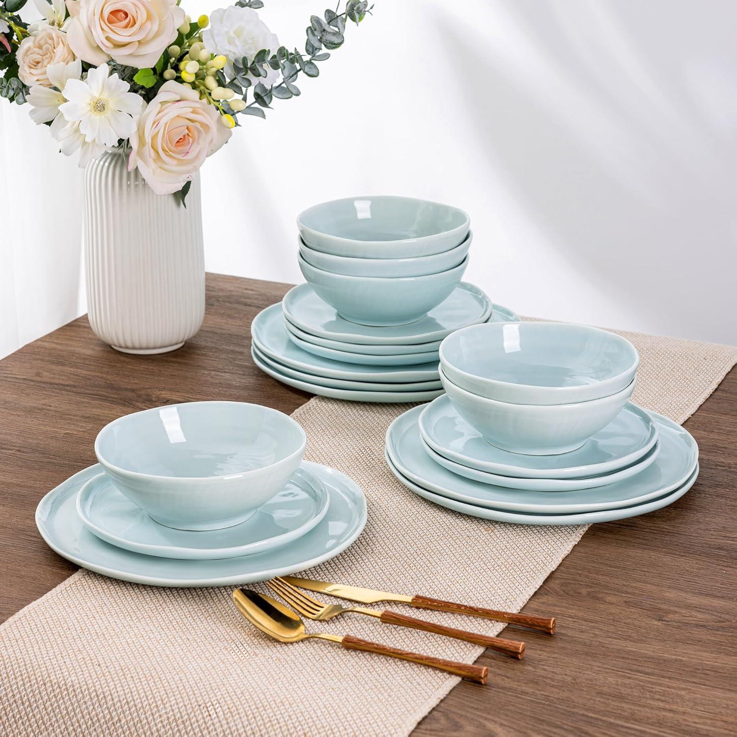 Hokku Designs Ceramic Dinnerware Sets For 6,Plates And Bowls Sets With Wavy Edge,Microwave & Dishwasher & Oven Safe,Light Weight & Scratch Resistant Dishes Sets-Service For 6 (18Pcs)-Light Jean Blue
