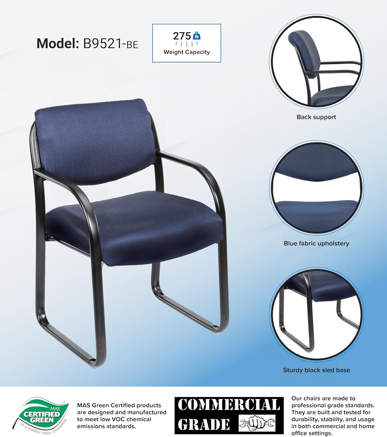 Sled Base Guest Chair Blue - Boss: Sturdy Metal Frame, Padded Back & Seat, Fixed Height