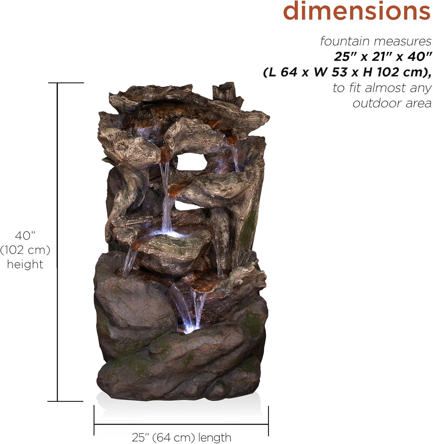 Alpine Corporation 40" 6 Tiered Resin Rainforest Waterfall Fountain With LED Lights -Brown: Weather-Resistant, Electric Powered