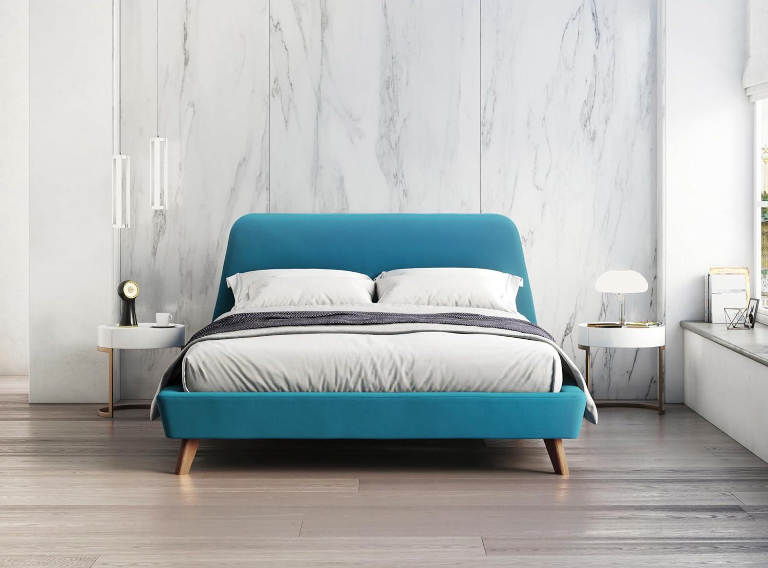 Omax Decor Henry Wood and Fabric Upholstered Queen Platform Bed in Blue