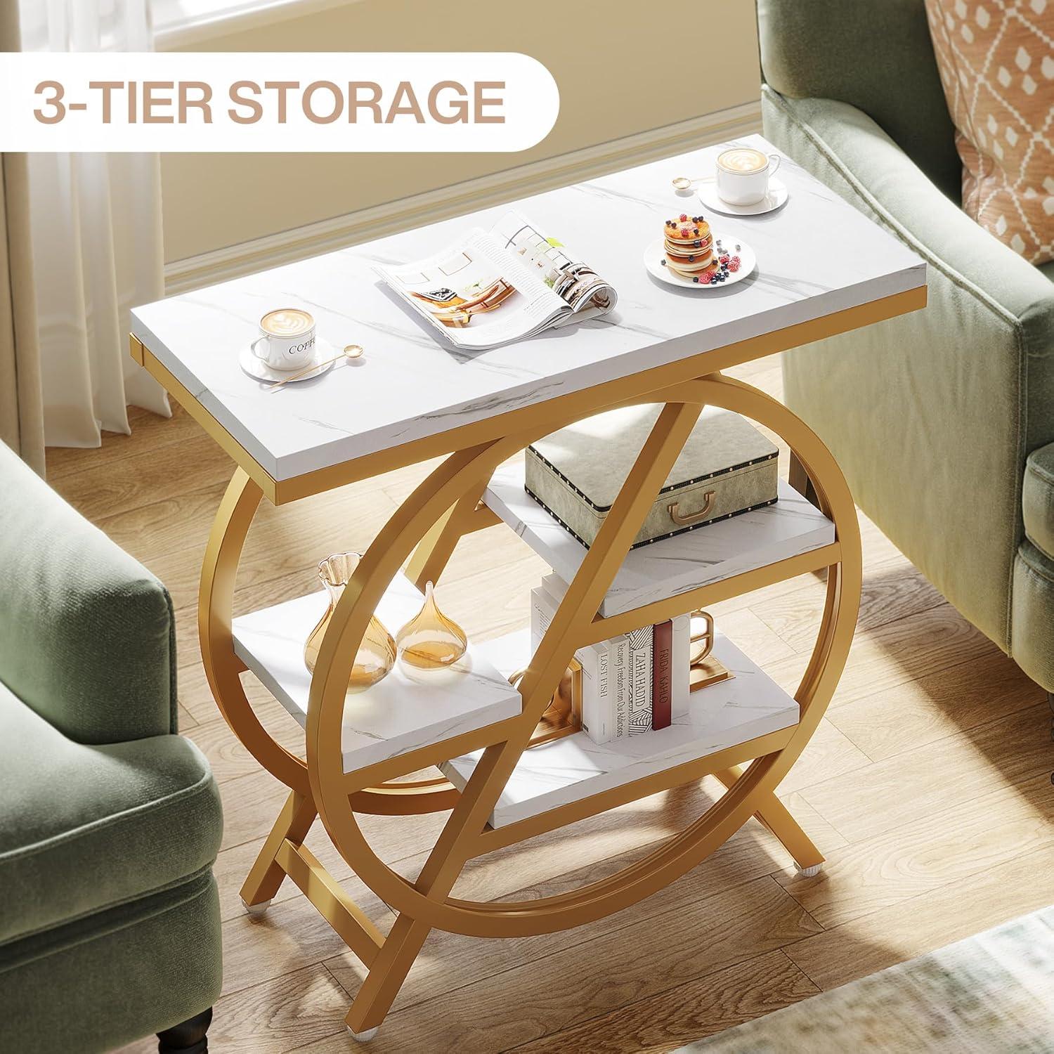 Gold and White Faux Marble 3-Tier End Table with Geometric Metal Frame