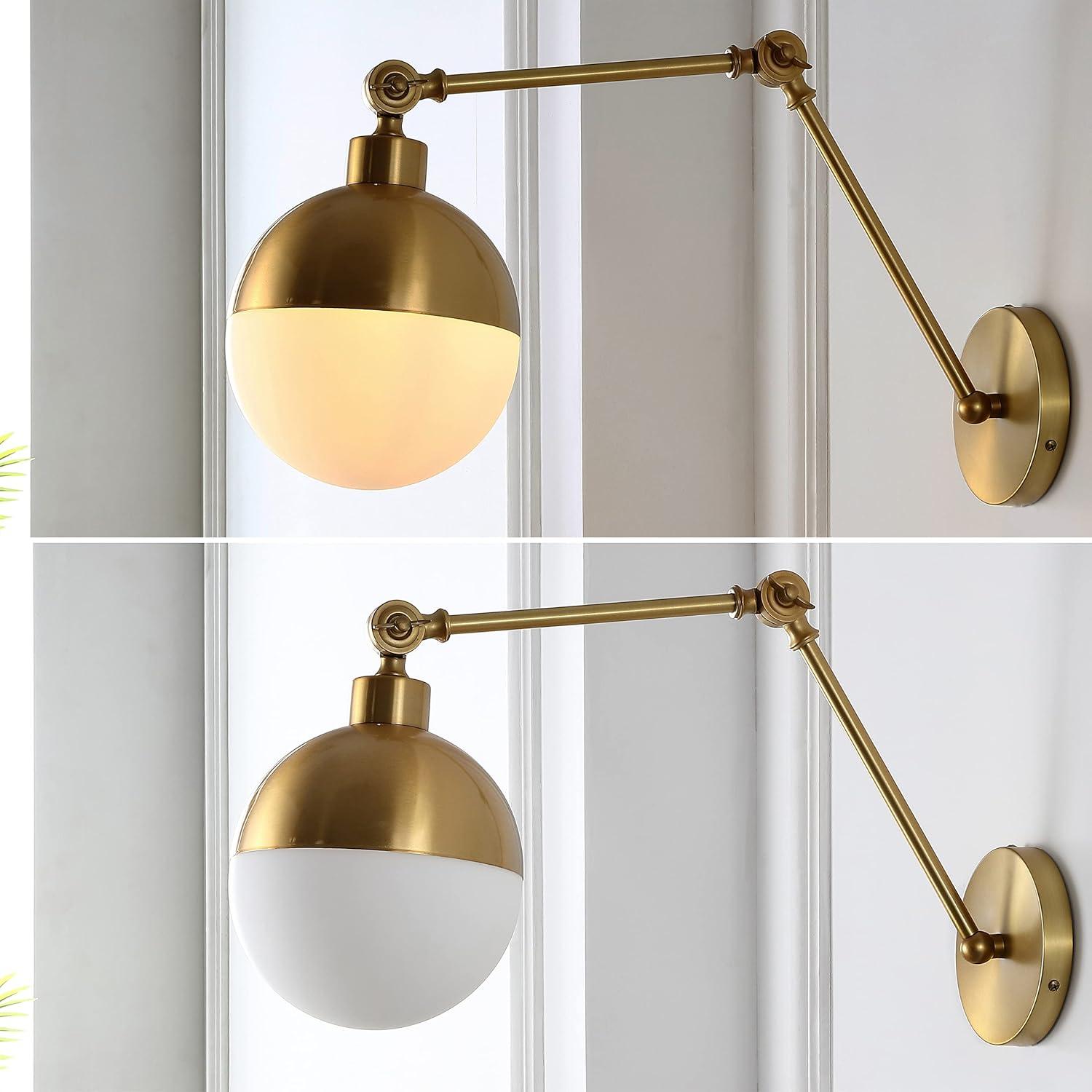 Alba 8" 1-Light Mid-Century Modern Arm-Adjustable Iron/Glass LED Sconce, Brass Gold/Frosted