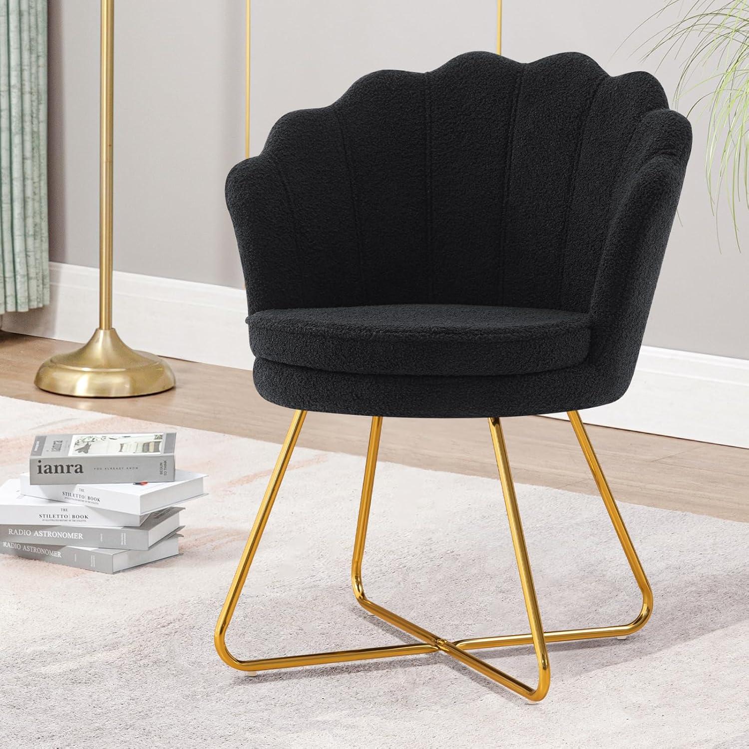 Furniliving Modern Sherpa Accent Chair Shell Back Makeup Chair Upholstered Arm Chair, Black