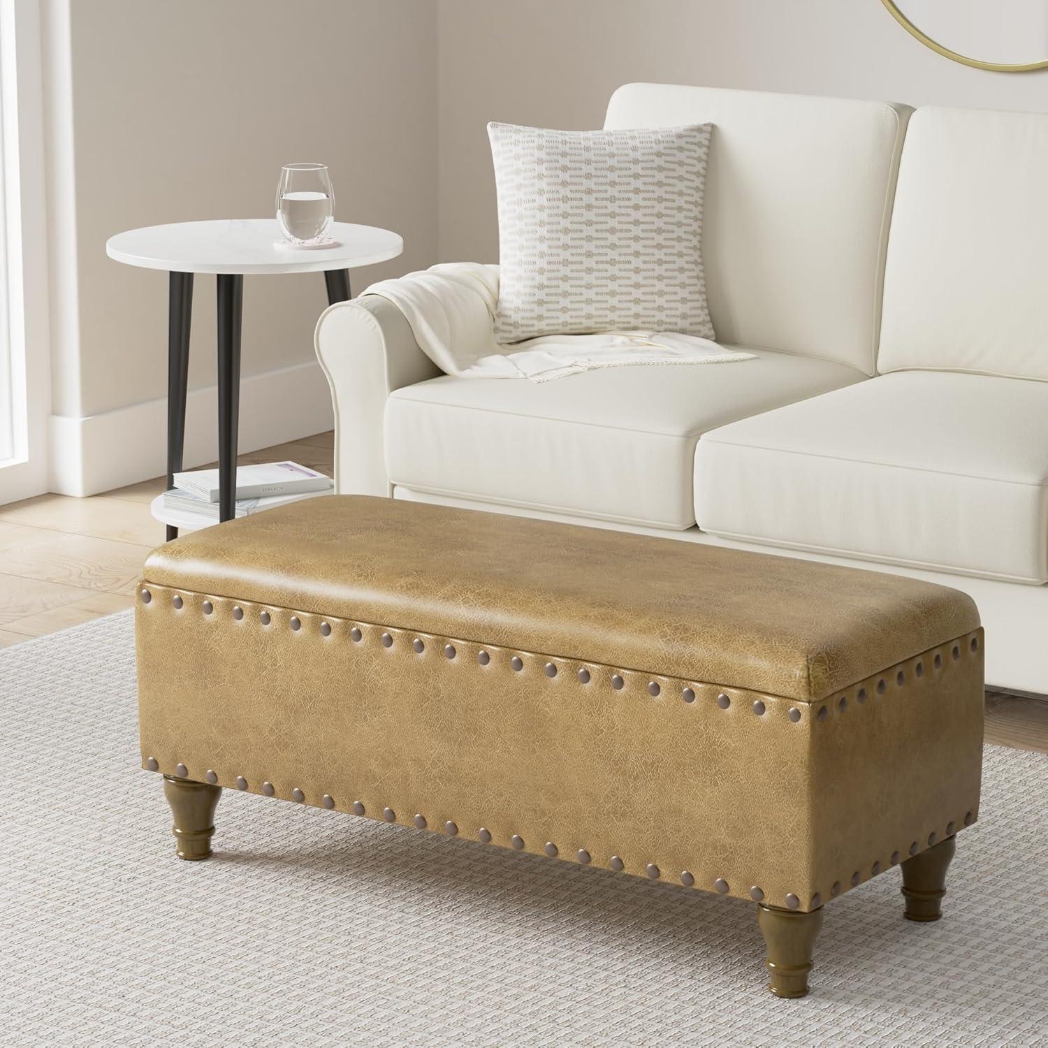 Large Storage Bench with Nailhead Trim Faux Leather Brown - HomePop: Bedroom Accent Furniture, Seating & Coffee Table