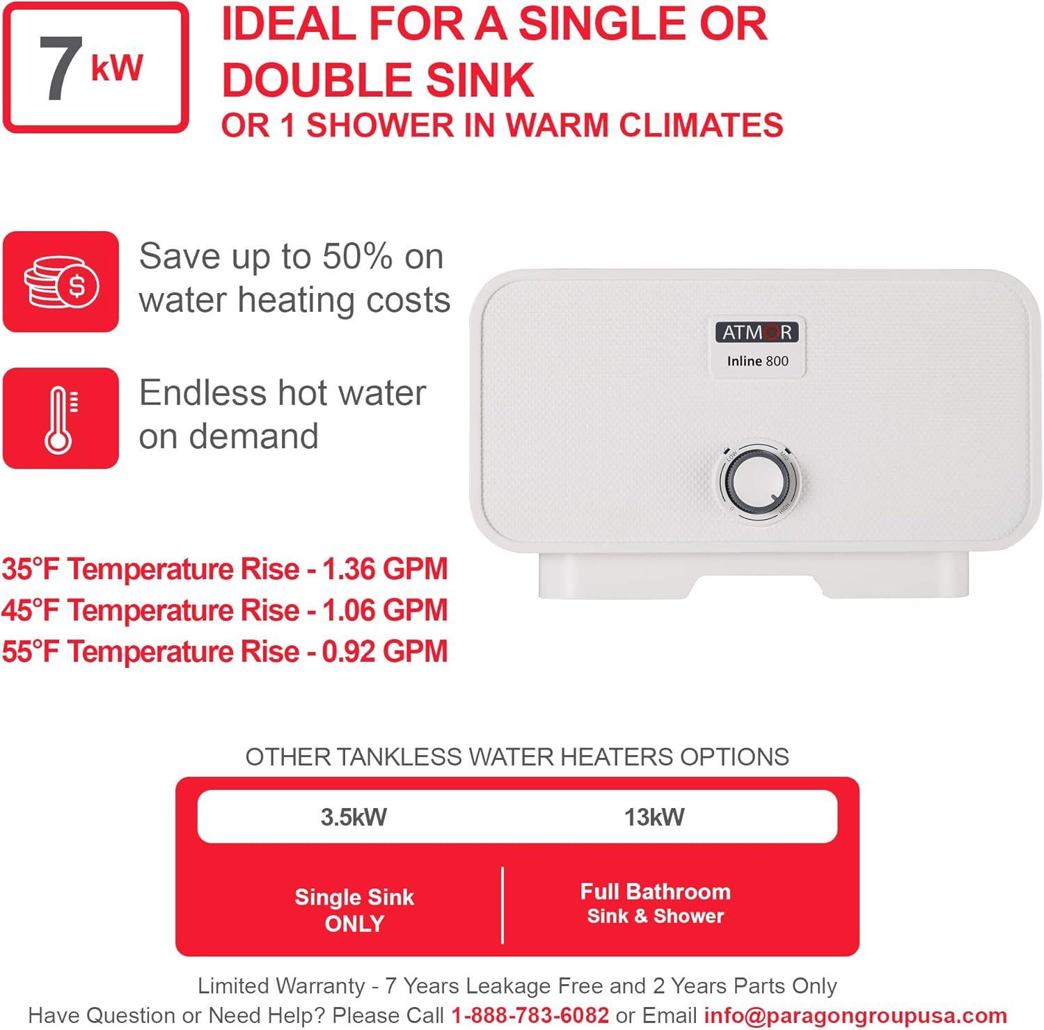 Atmor 7kW/240V 1.6 GPM Electric Tankless Water Heater Up to 2 Sinks Nationwide or 1 Shower in Warm Climates