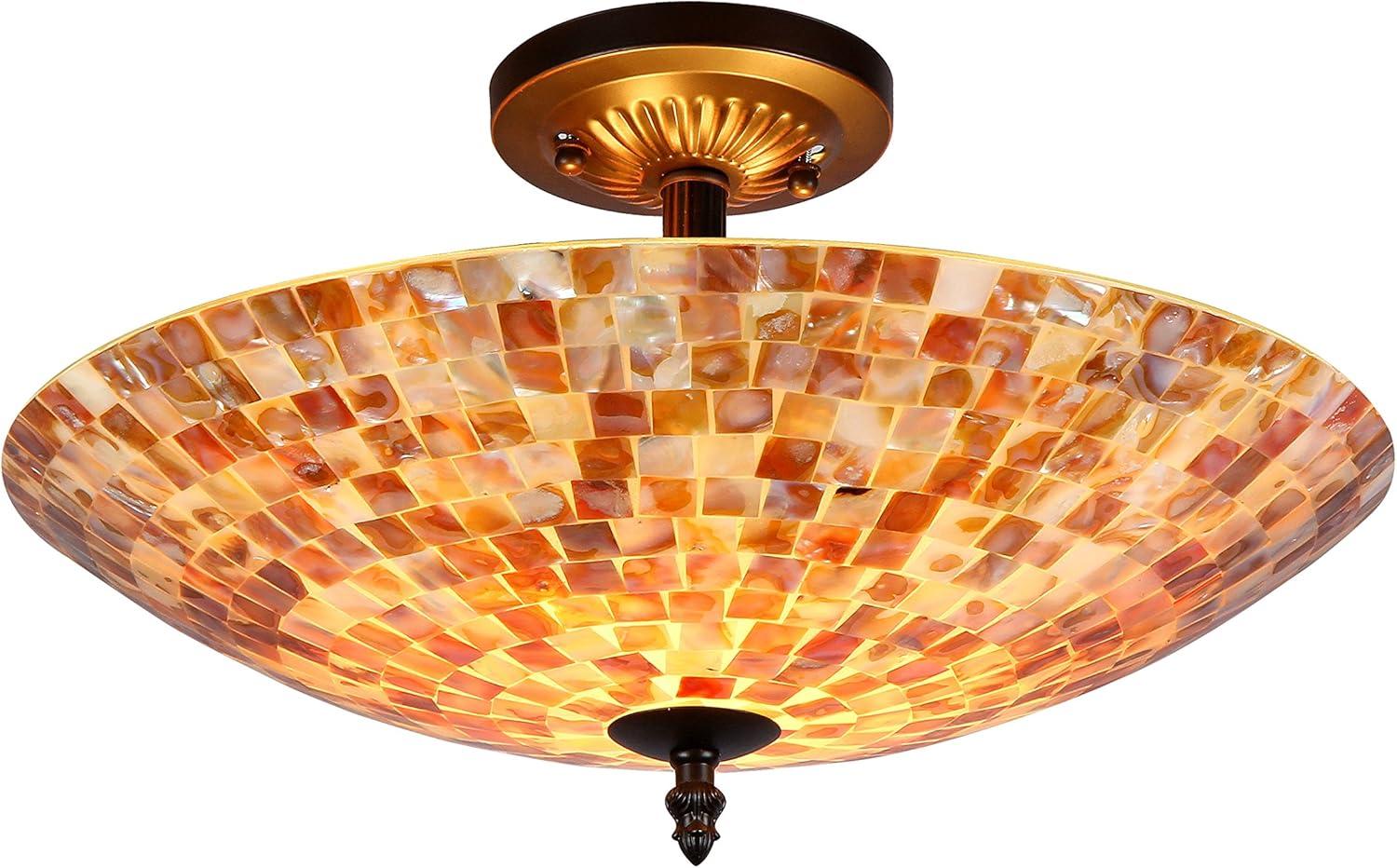 16 Inches 2 Light Mosaic Design Semi Flush Ceiling Fixture, Bronze