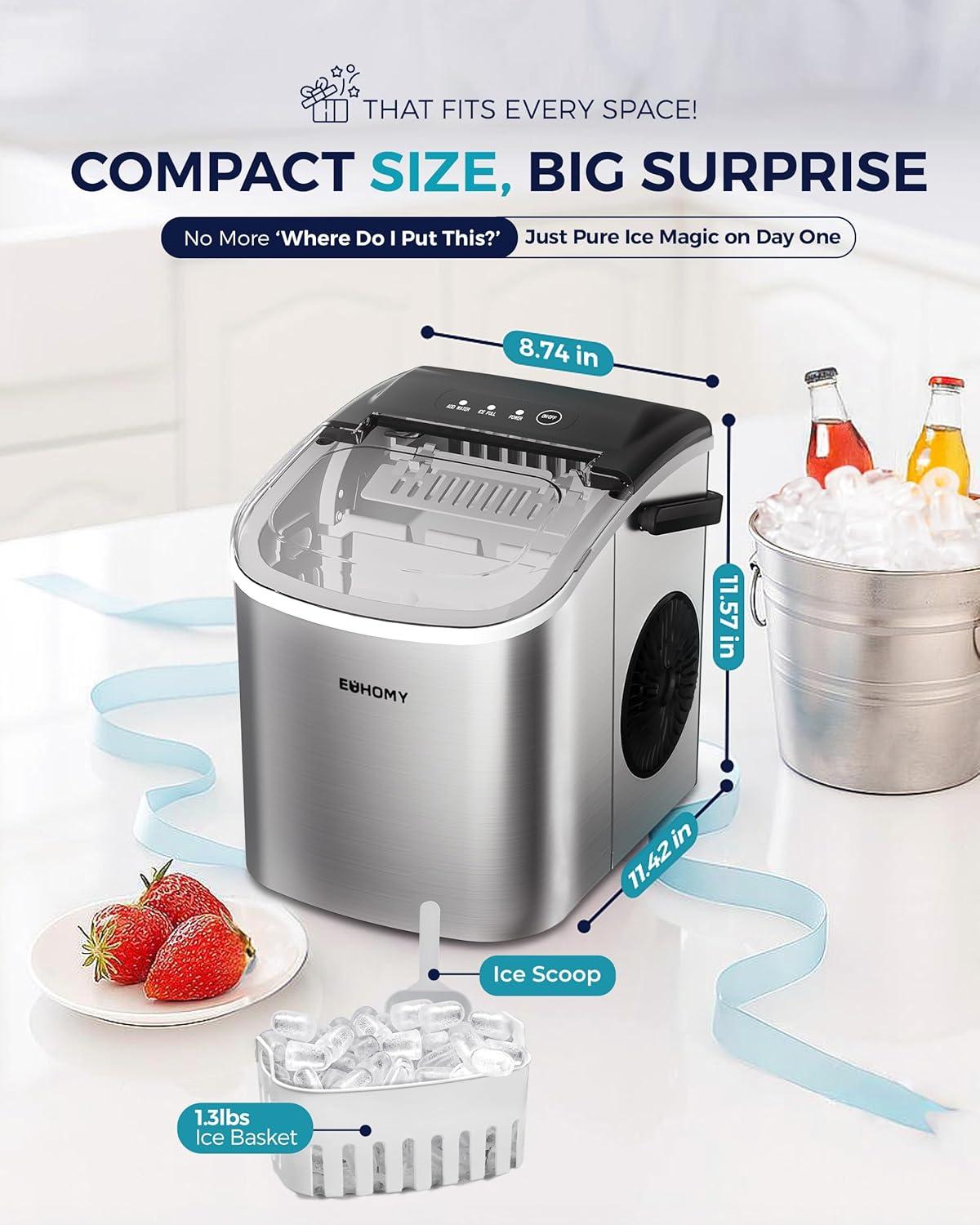 Ice Maker Countertop with Handle, 26lbs in 24Hrs, 9 Ice Cubes Ready in 6 Mins, Auto-Cleaning Portable Ice Maker with Basket and Scoop, for Home/Kitchen/Camping/RV. (2024 New Silver) Utensils