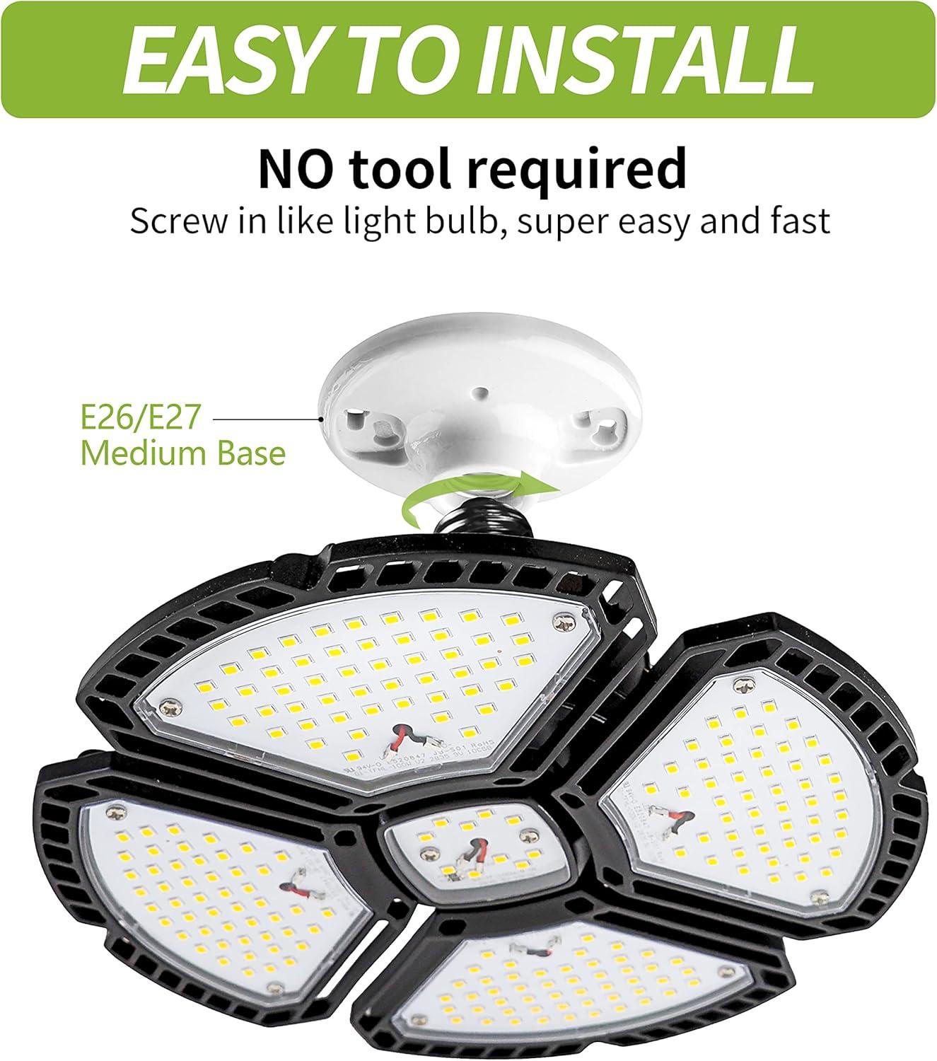 LED Garage Light,100W (900W Equivalent) 15000 Lumen 4-Head Deformable Ceiling Light, 5000K Daylight