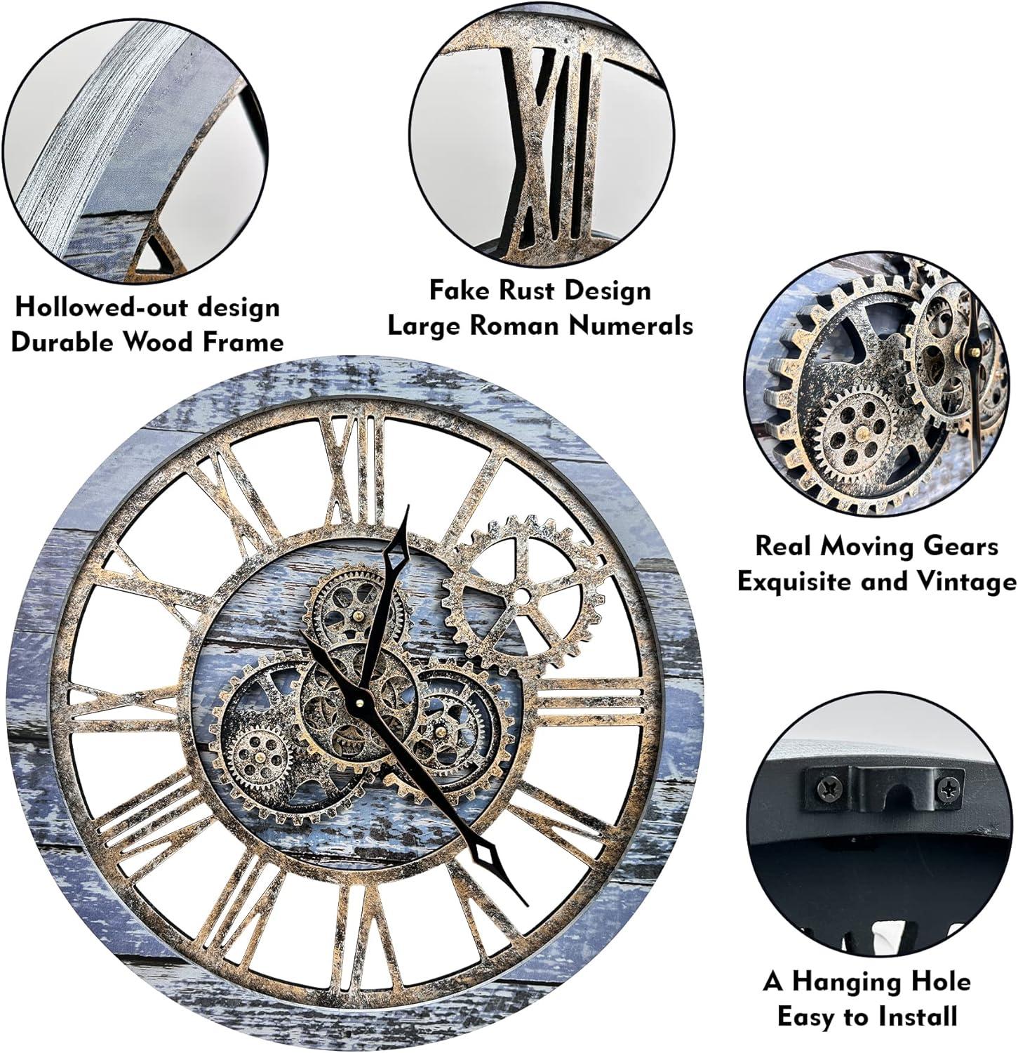 The Gears Clock Wall Clock 36" Round Oversized for Living Room decor with Real Moving Gears America Collection