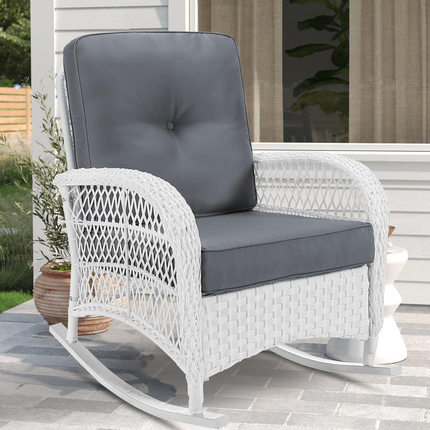 Highland Dunes Highland Dunes Outdoor Wicker Rocking Chair, Rattan Patio Rocker Chairs With Cushions And High Back, All-Weather Patio Wicker Chair With Safe Rocking Design For Garden Backyard Porch, White Wicker