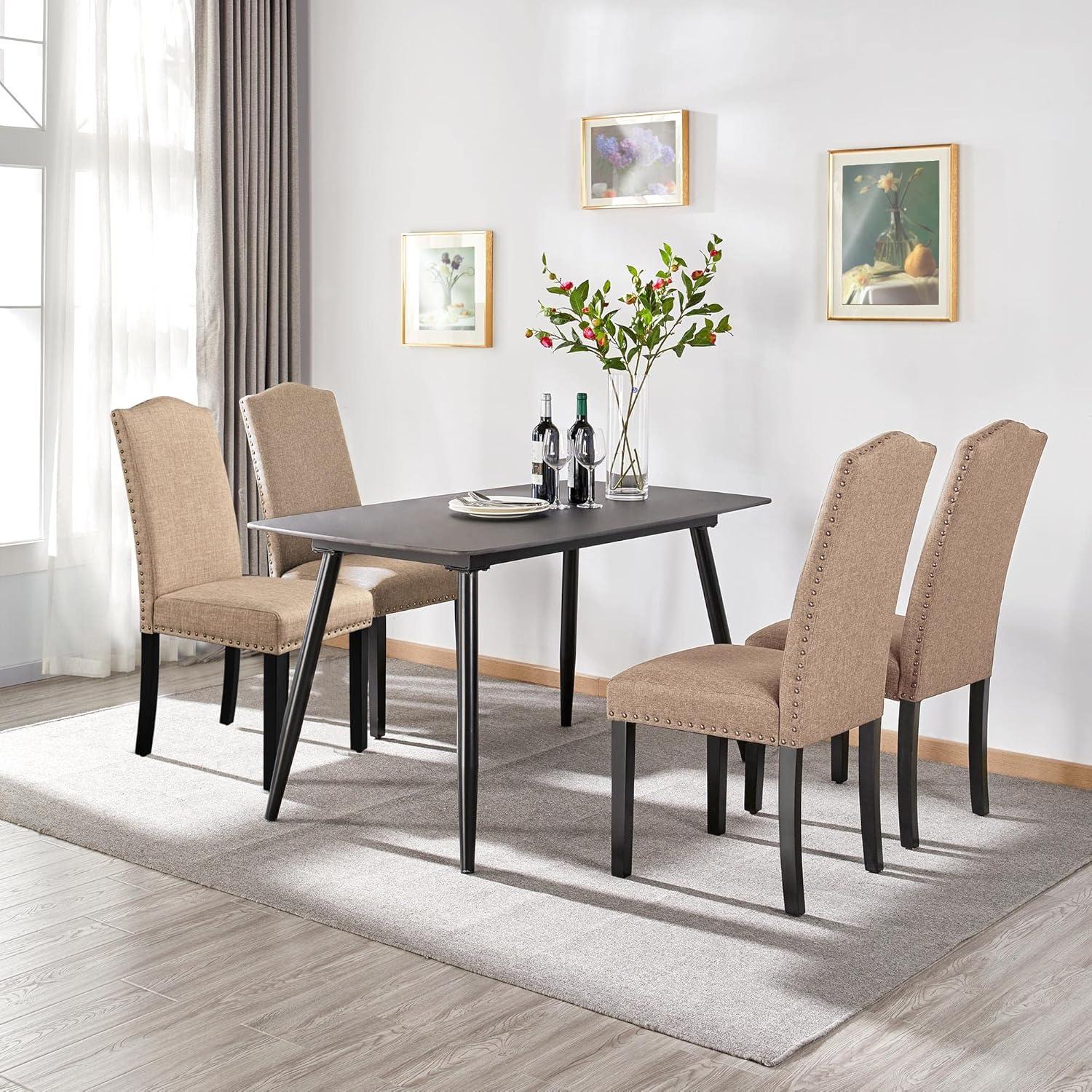 Khaki Upholstered Parsons Dining Side Chairs with Rubberwood Legs, Set of 6