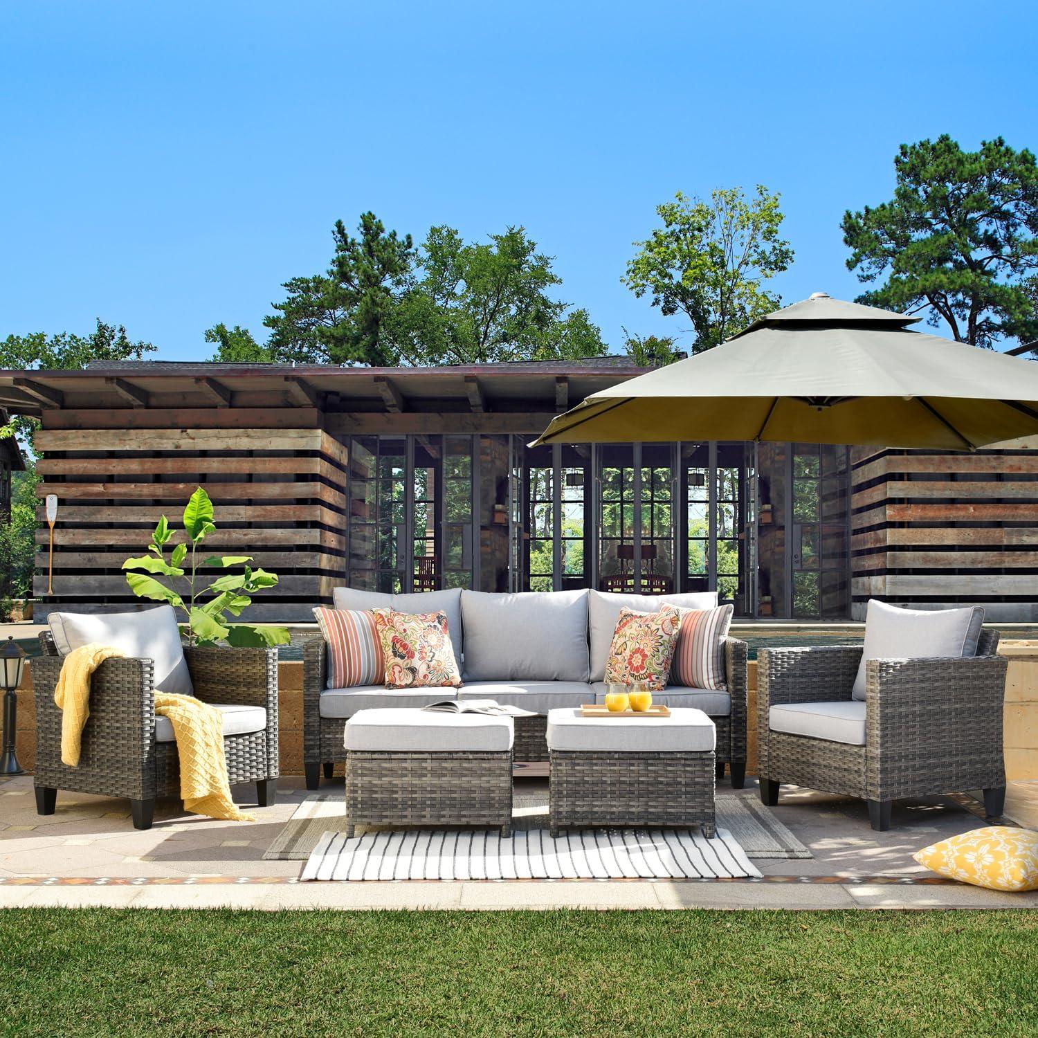 Grey Wicker 5-Piece Outdoor High-Back Seating Set with Cushions