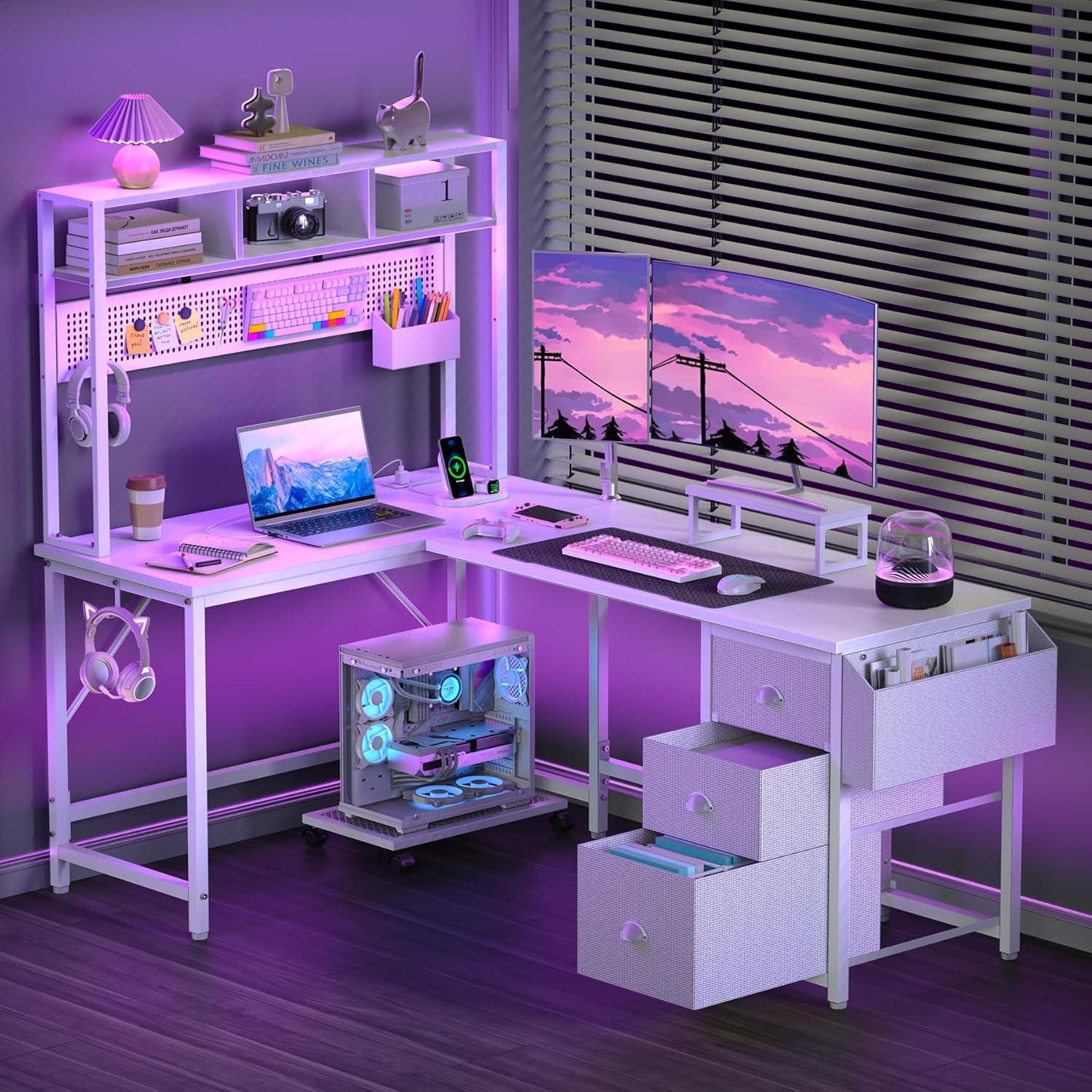 White L-Shaped Gaming Desk with Drawers and USB Port