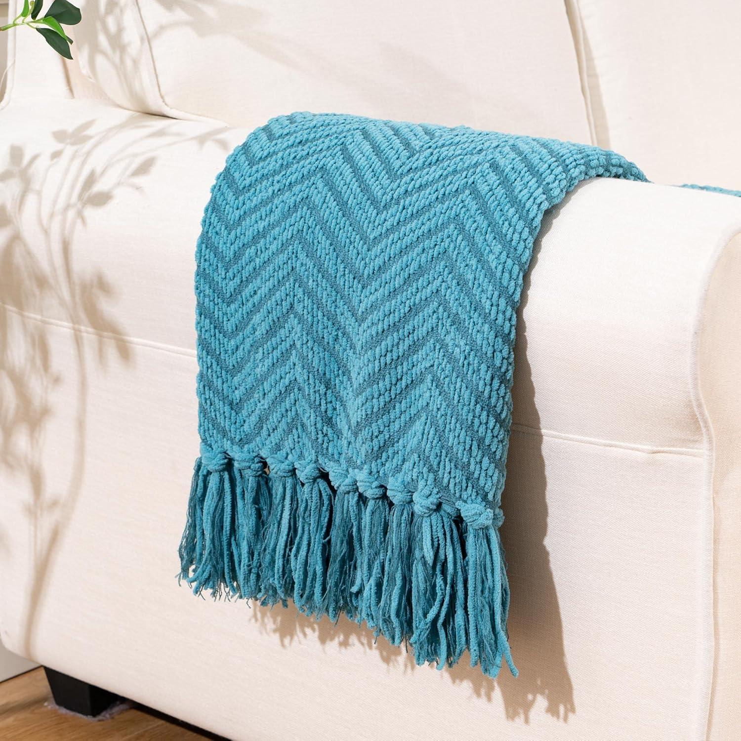 Teal Knitted Zig-Zag Throw Blanket with Tassels, 50"x60"