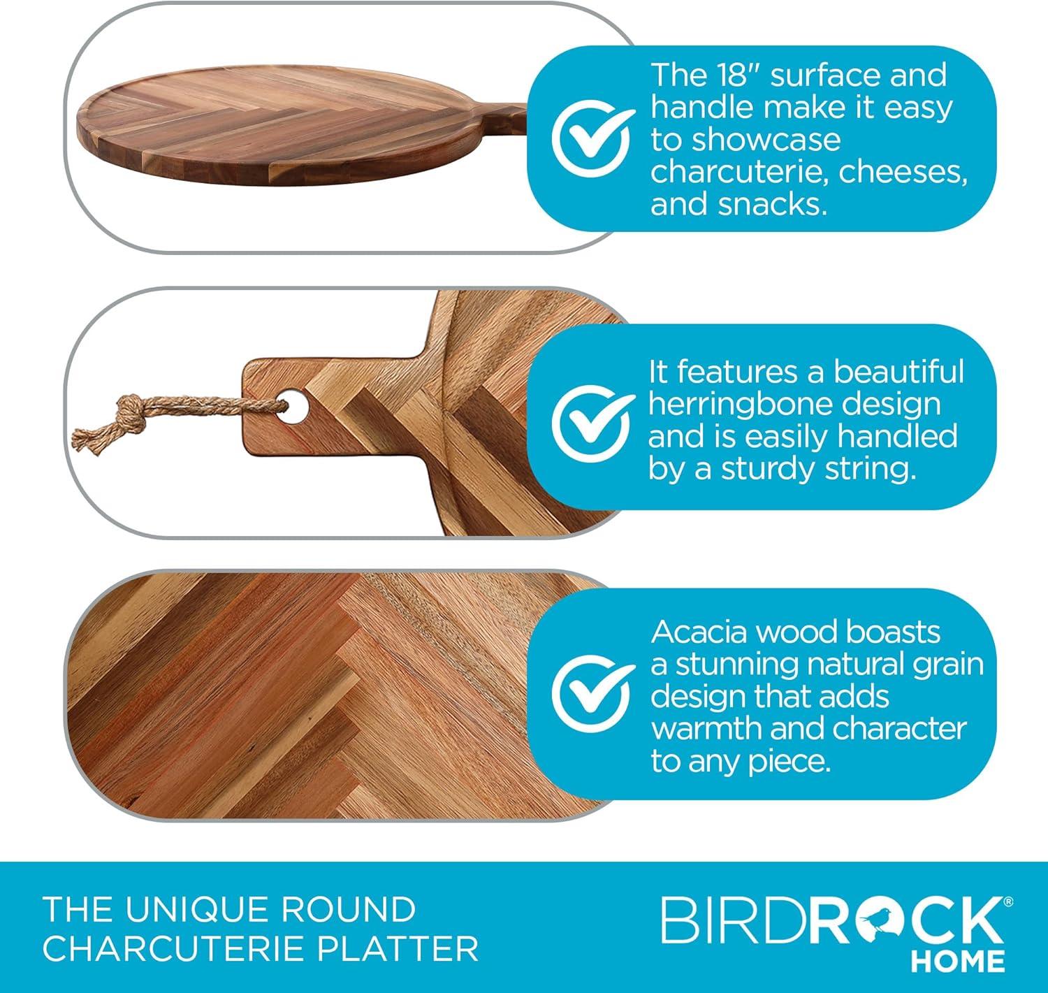 Large Round Acacia Wood Herringbone Serving Board with Handle