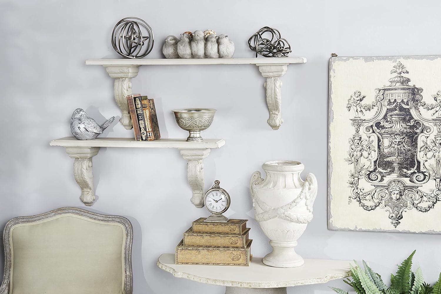 31.5" X 13.5" Large Beige and Floating Wall Shelf with Decorative Scrollwork 32 7 14 Shabby Chic Wood