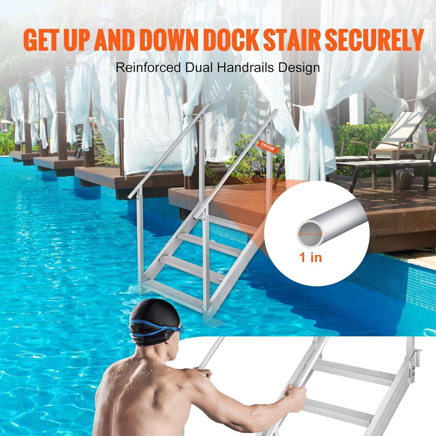 VEVOR Dock Stairs 4 Steps, 500lbs Load Pool Steps, Adjustable Height Aluminum Dock Ladders, Pontoon Boat Ladder with Handrails & Widen Nonslip Pedals for Lake/Pool/Marine Boarding/RV/House