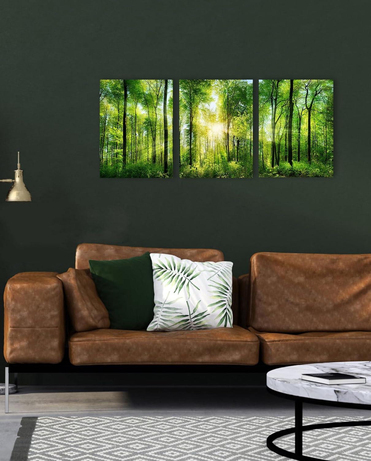 Forest Art Canvas Wall Decor: 3 Panel Nature Wall Art Landspace Paintings Framed Trees Green Pictures Sunrise Scenery Wall Decor for Living Room Bedroom Office Bathroom 12 x 16 Inch