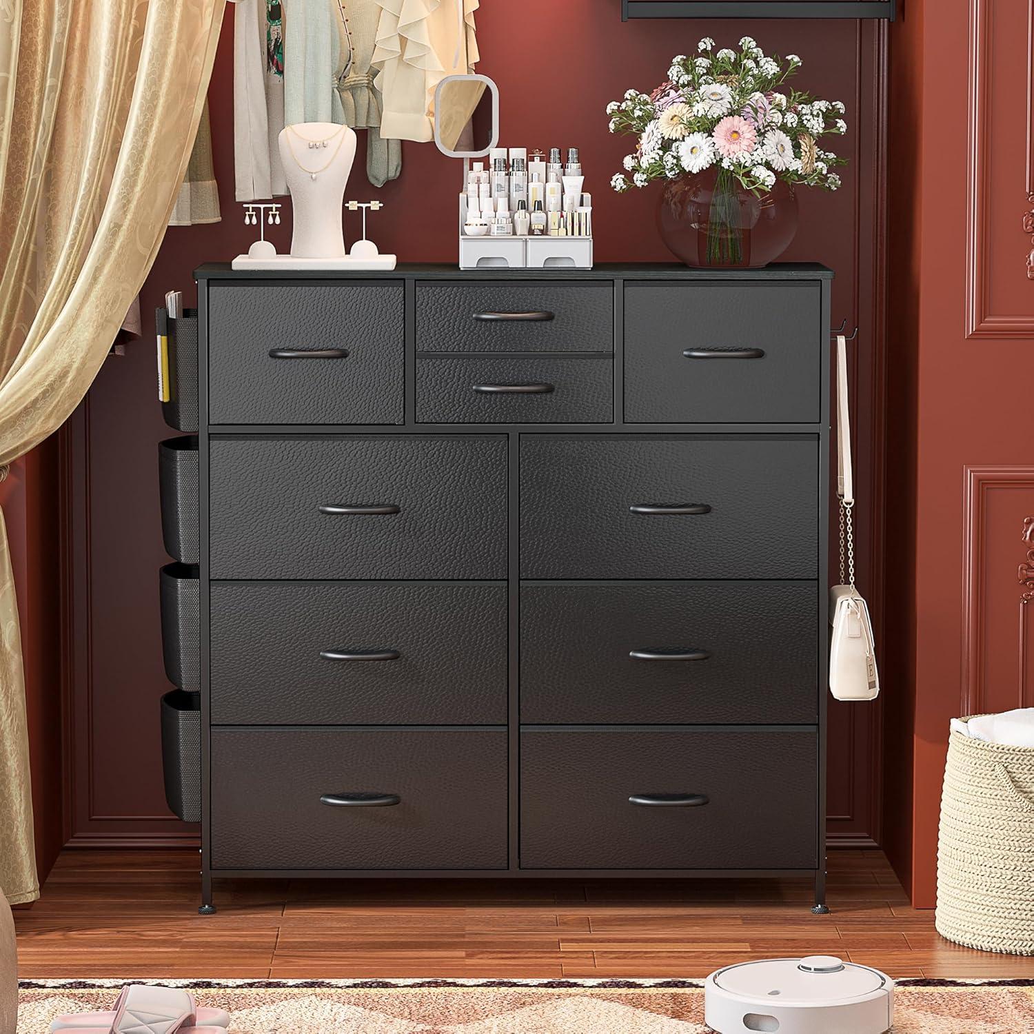 Modern 10-Drawer Fabric Storage Dresser - Tall Chest of Drawers with Steel Frame, Wooden Top, for Bedroom, Closet, Entryway, Black