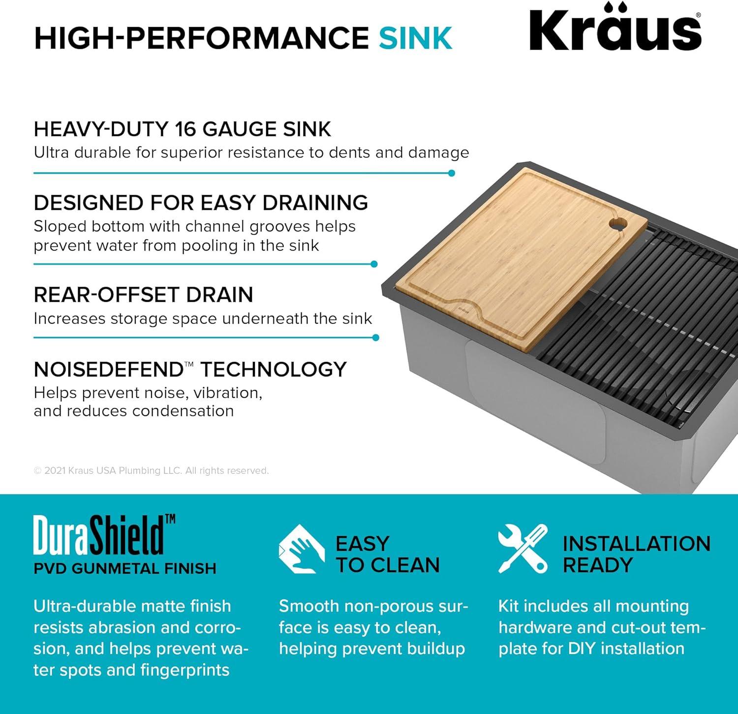 KRAUS Kore™ 27" L Undermount Workstation 16 Gauge Black Stainless Steel Single Bowl Kitchen Sink in PVD Gunmetal Finish