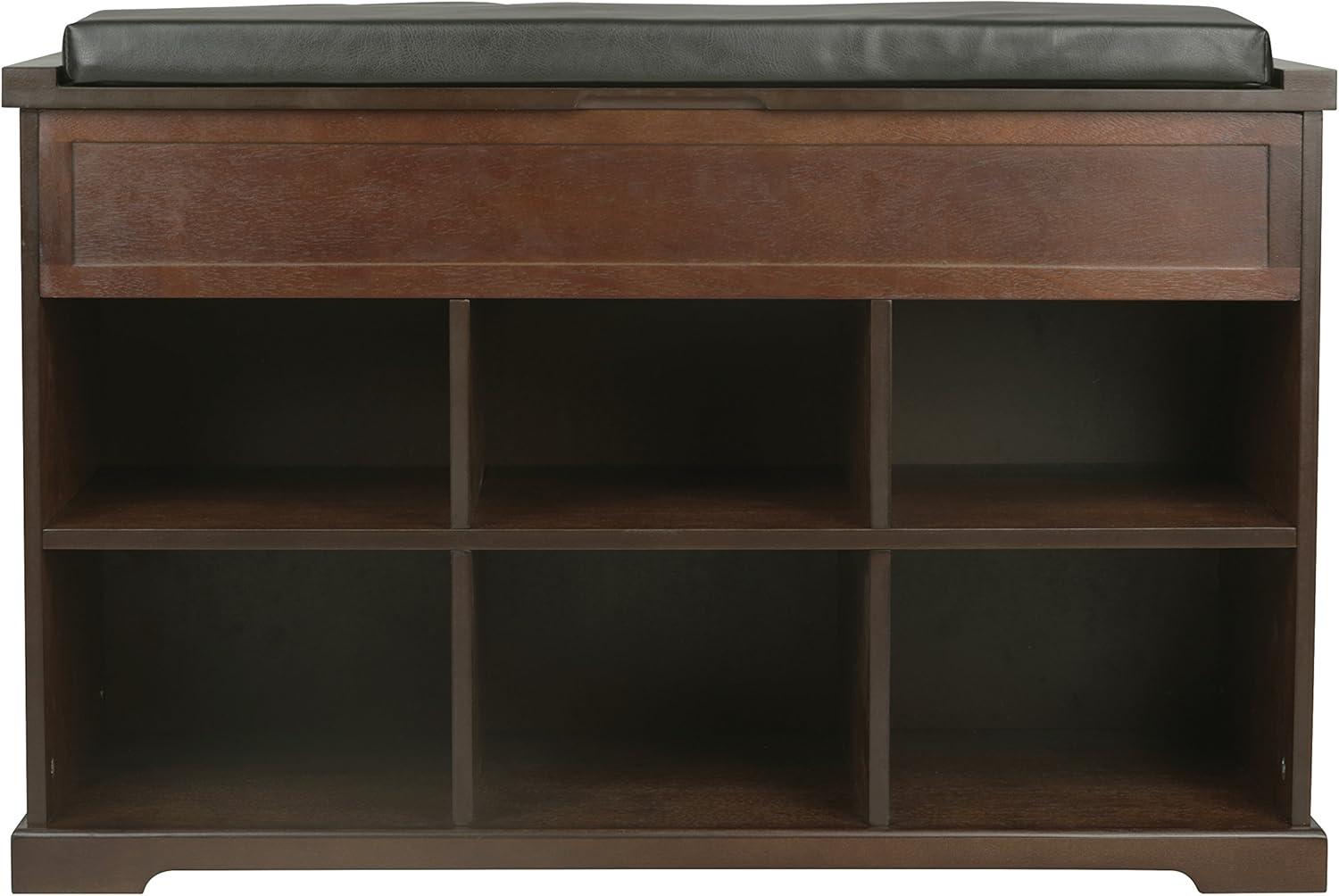 Mahogany Shoe Storage Bench with Black Cushion and Cubbies