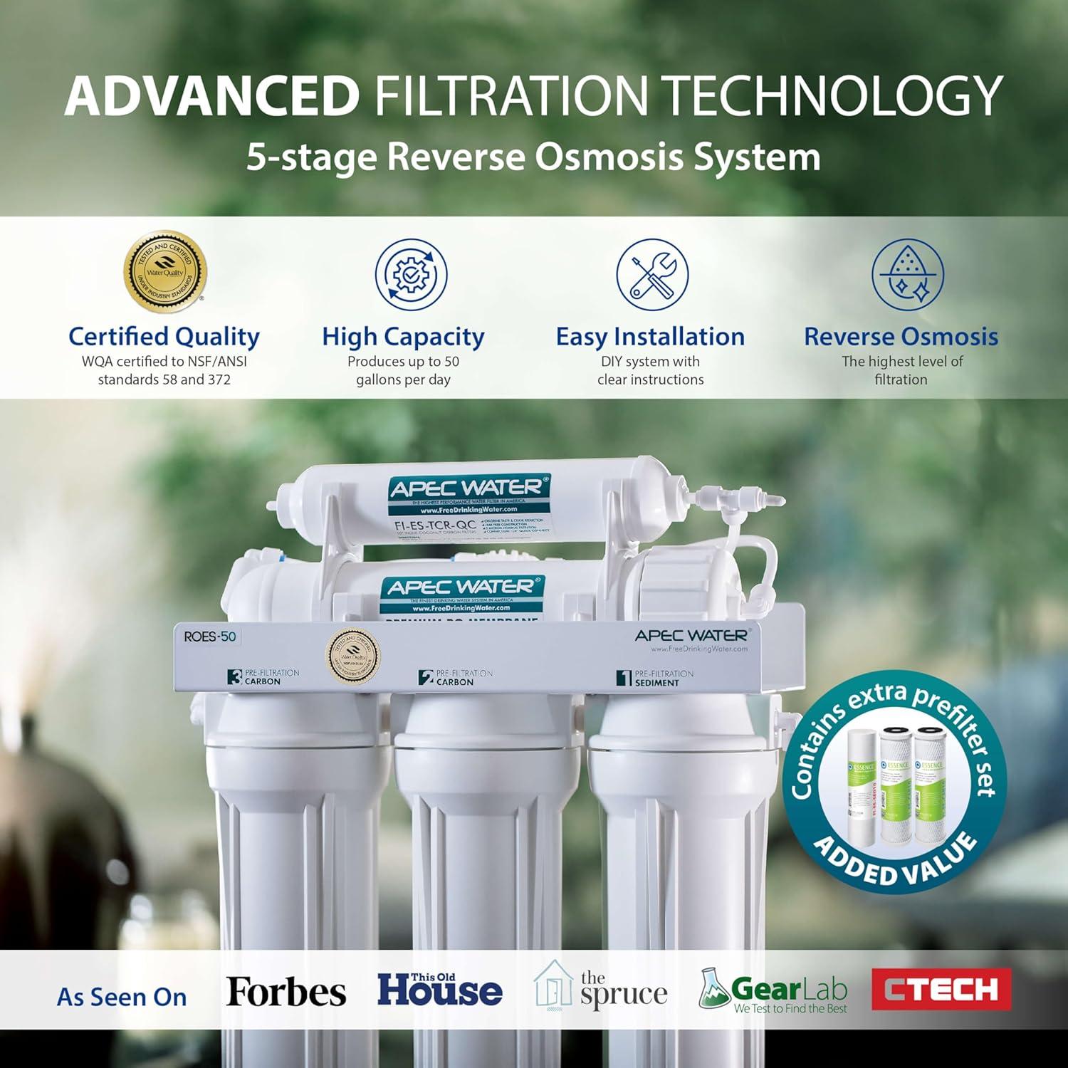 APEC Water Systems ROES-50 Essence Series Top Tier 5-Stage WQA Certified Ultra Safe Reverse Osmosis Drinking Water Filter System with Extra High Capacity Pre-Filter Set Stage 1-3 RO Value Bundle