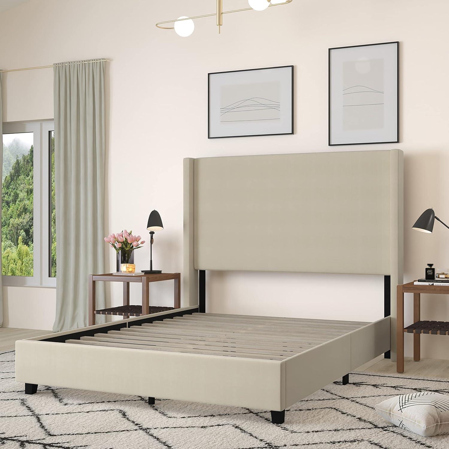 Beige Linen Upholstered Queen Platform Bed with Wingback Headboard