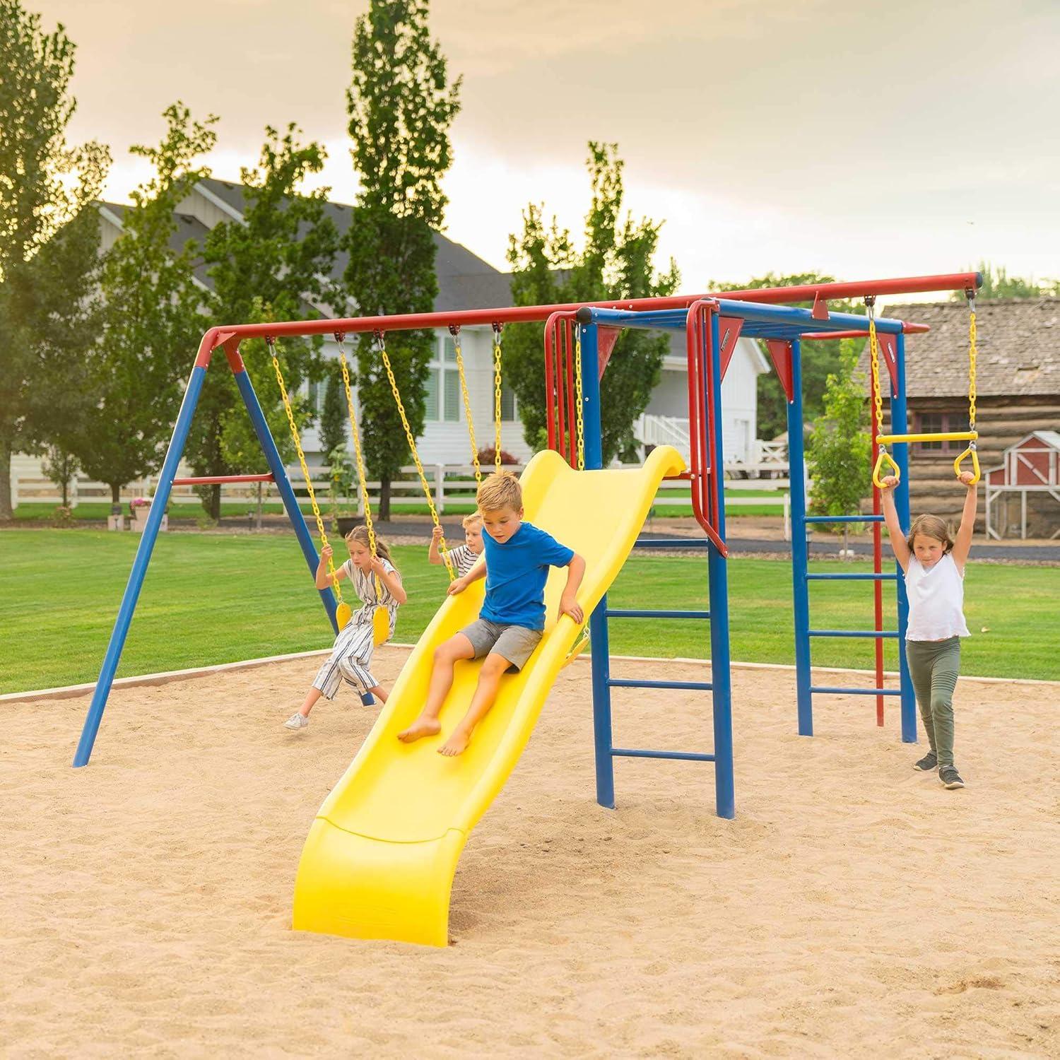 Primary Color Metal Swing Set with Slide and Monkey Bars