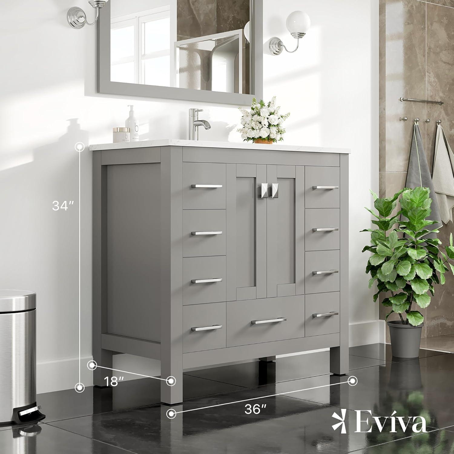 Eviva Hampton 36" Gray Transitional Bathroom Vanity w/ White Carrara Top