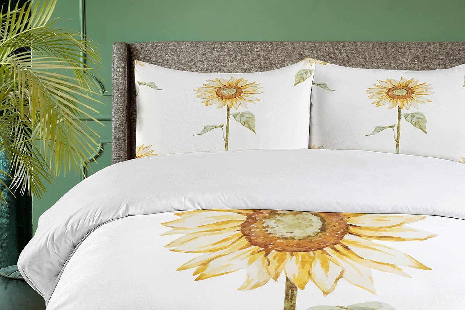 King Size Sunflower Watercolor Duvet Cover Set with Pillow Shams