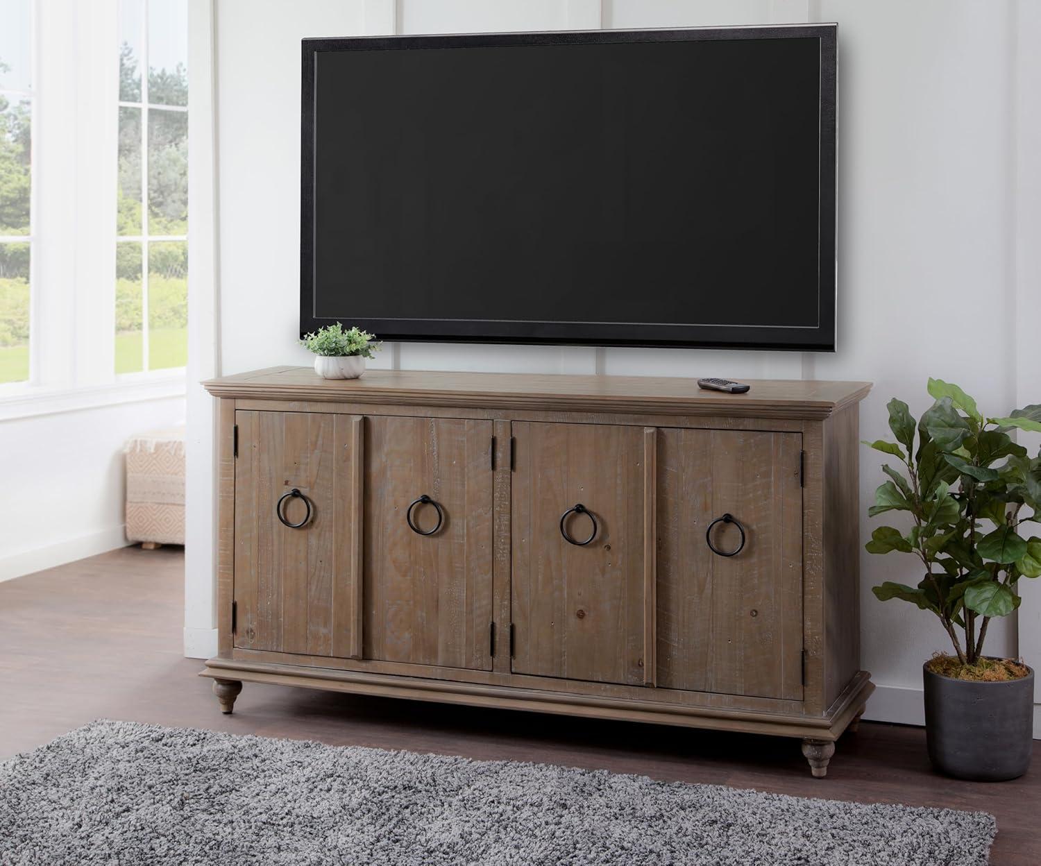 Rustic Driftwood Brown Solid Wood TV Stand with Cabinets