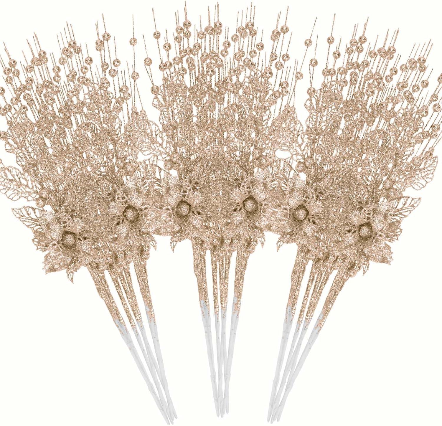 Champagne Gold Glitter Berry Stems for Christmas Decor, 30-Pack