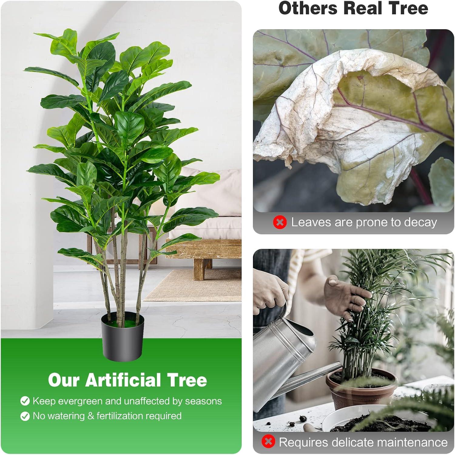 Gymax 51" Fiddle Leaf Fig Tree Artificial Plant in Green Indoor Outdoor PEVA Pot 2-Count