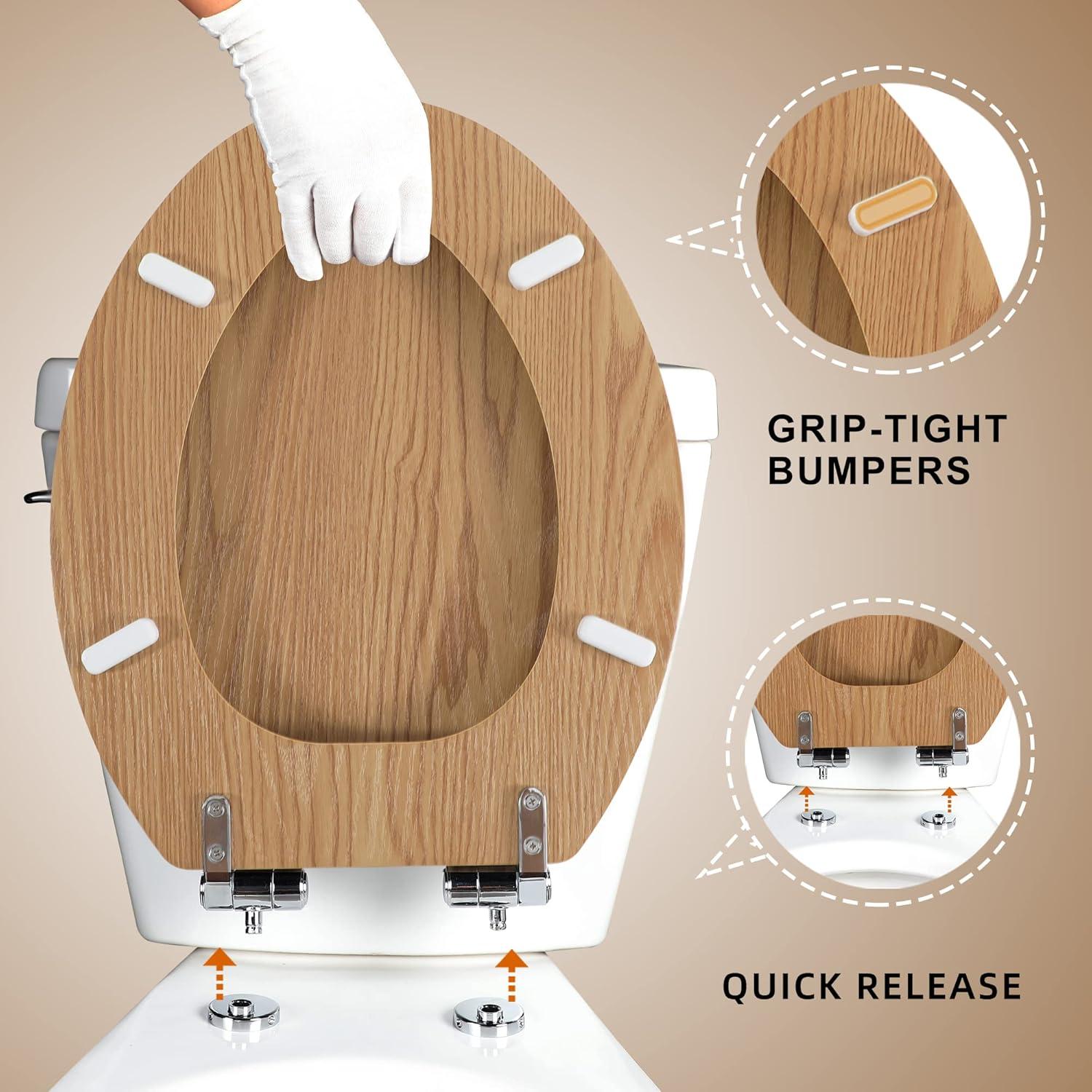 Round Natural Wood Toilet Seat with Slow Close Hinges