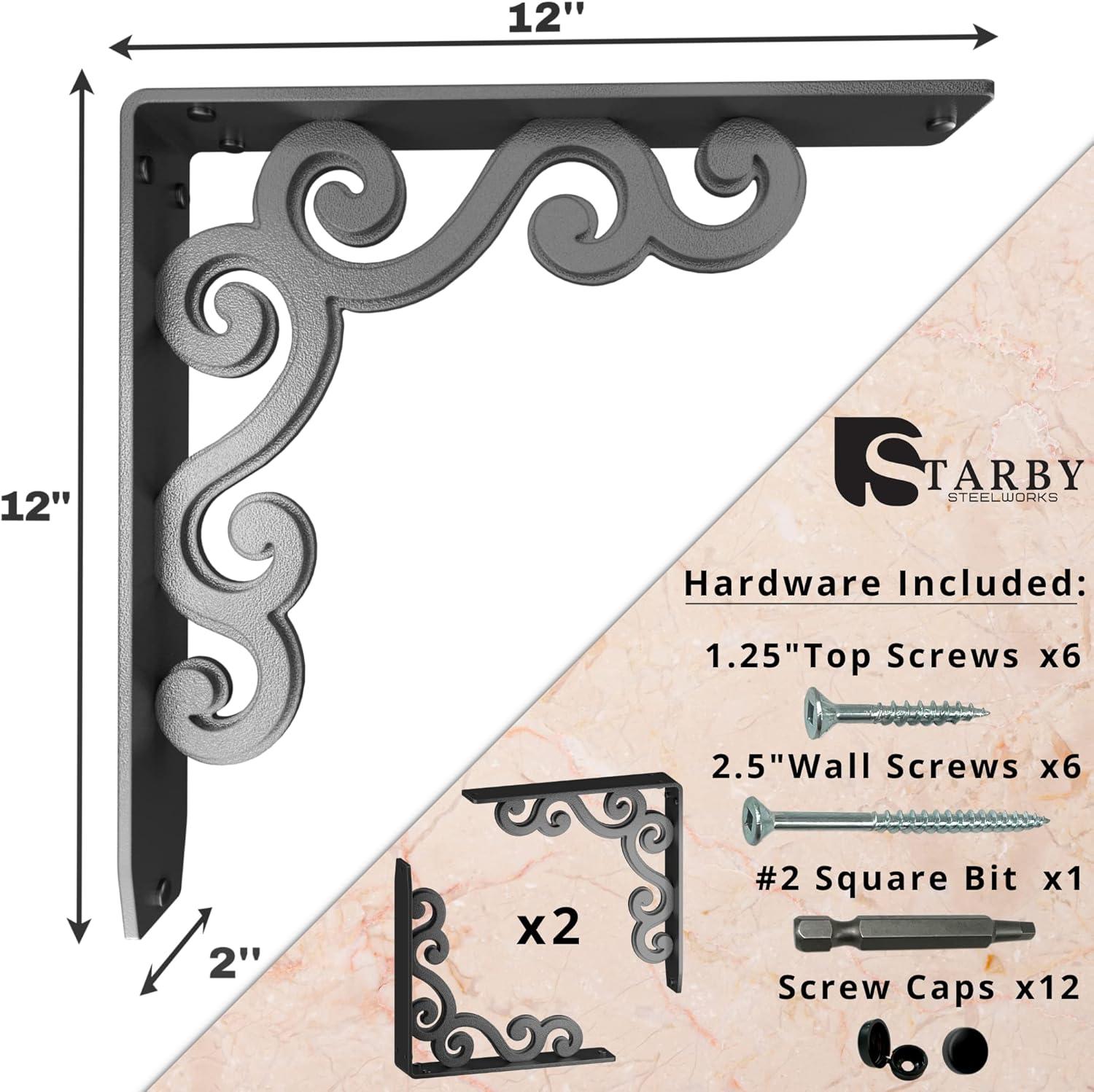 Charleston Heavy Duty Steel Fireplace Mantel Brackets, Floating Shelf, Countertop Support - 12" x 12" x 2"