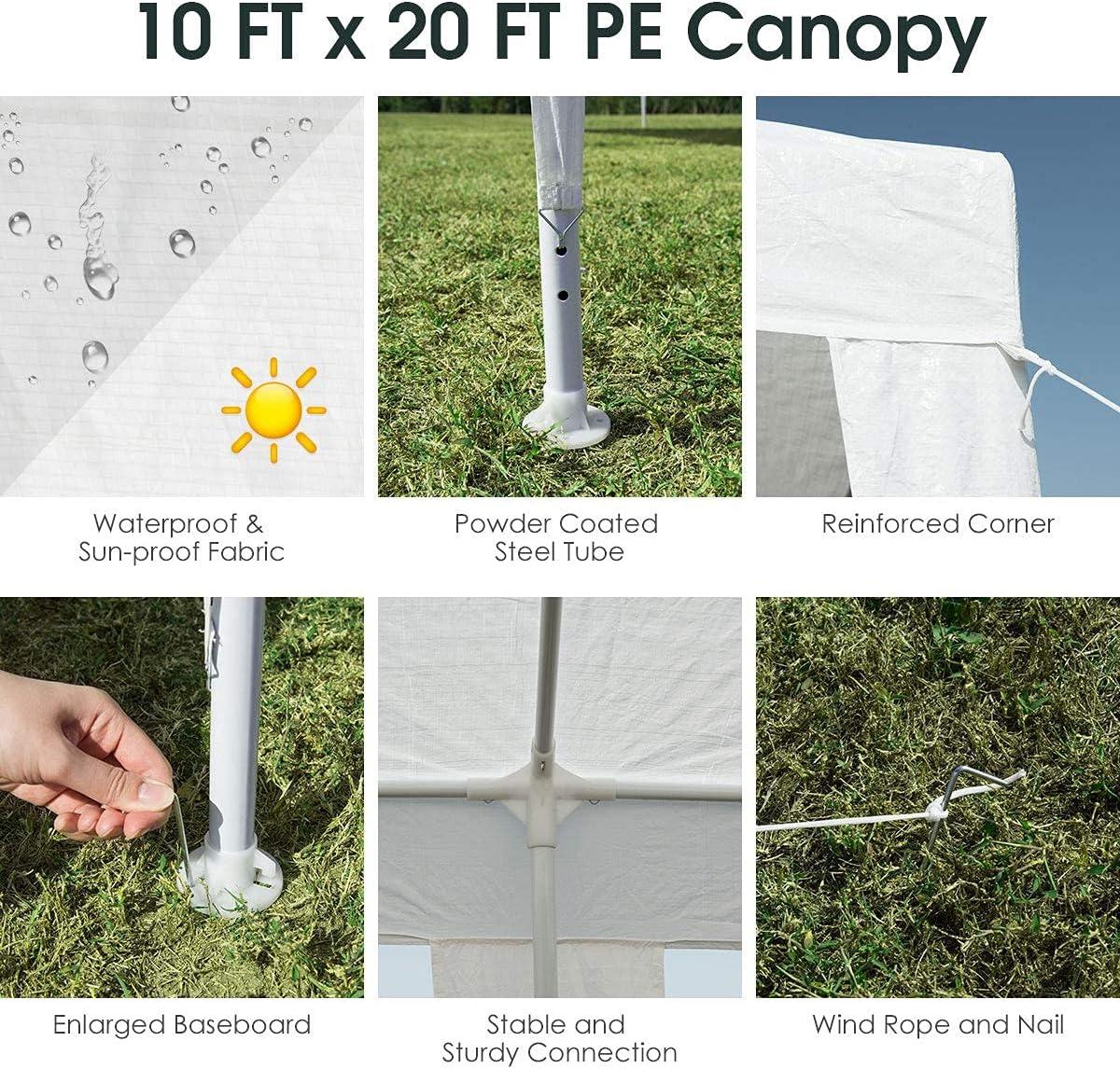 10 x 20 Feet Canopy Tent, Wedding Canopy with Wind Rope, Outdoor Shelter Pavilion for Parties, Commercial Activity, Camping, Heavy Duty White Party Tent for Family Friends