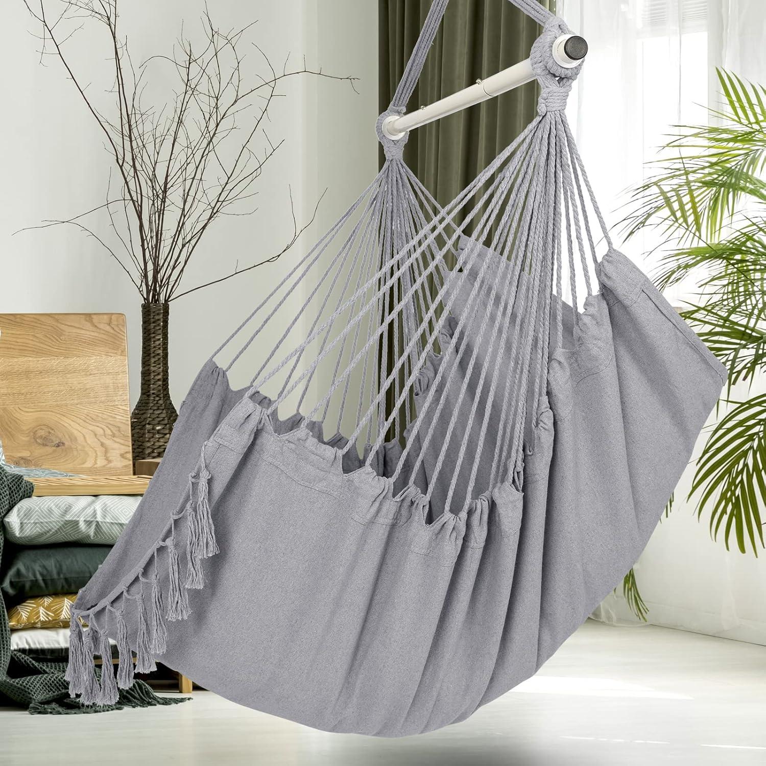 Light Gray Cotton Hanging Chair with Cushions and Pocket