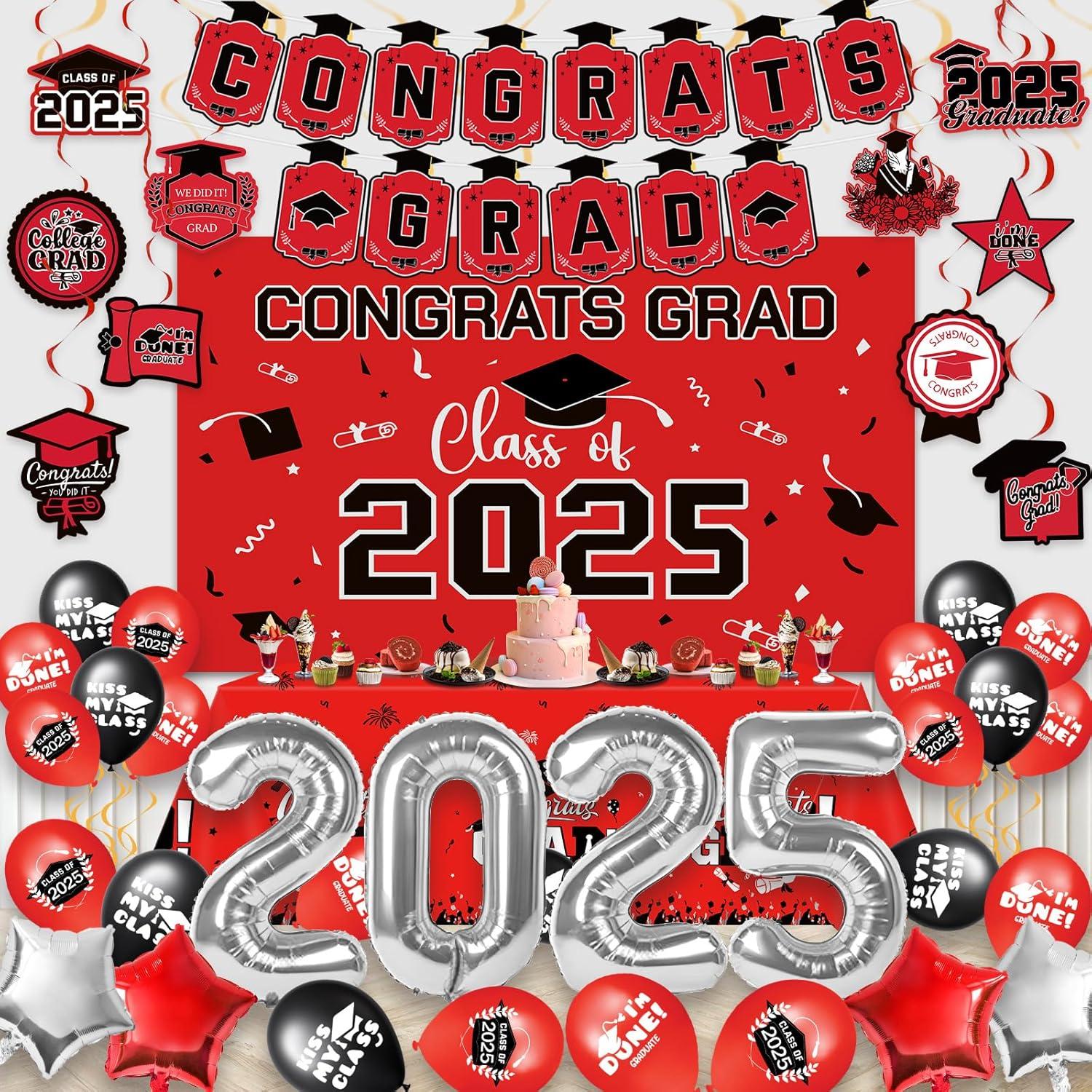 2025 Graduation Party Decoration, Red Gold Themed Set with Congrats Grad Banner, Balloons, Foil Number 2025 for Class of 2025 Graduation Party Supplies