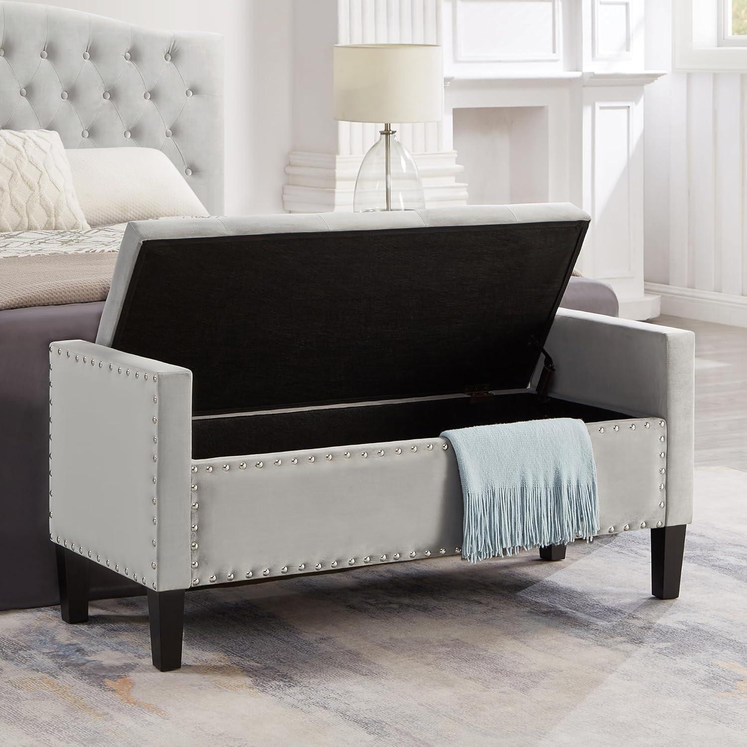 Gray Velvet Upholstered Storage Bench with Nailhead Trim