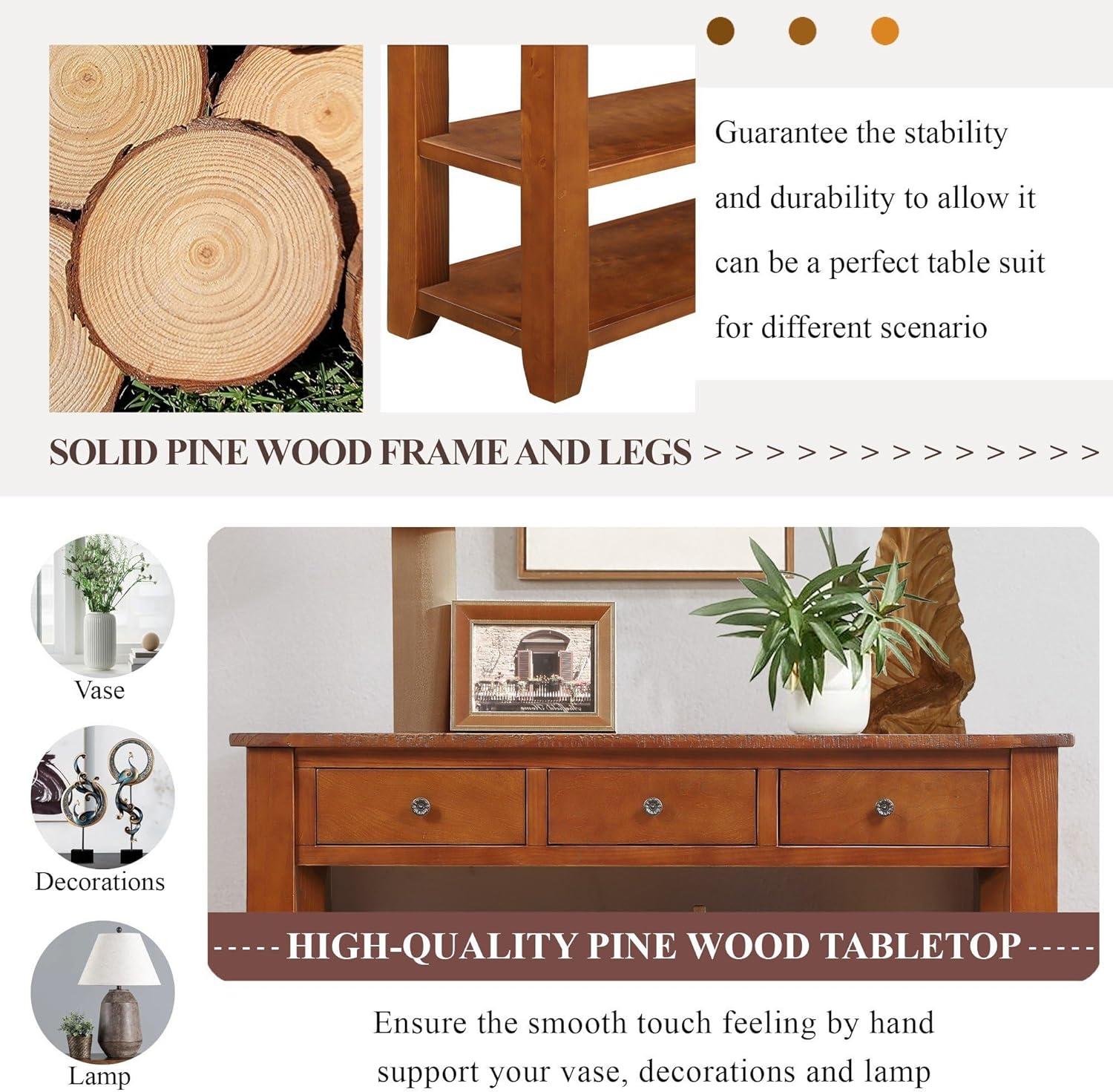 Quarte 48'' Solid Wood Console Table, Modern Entryway Sofa Side Table with 3 Storage Drawers and 2 Shelves. Easy to Assemble