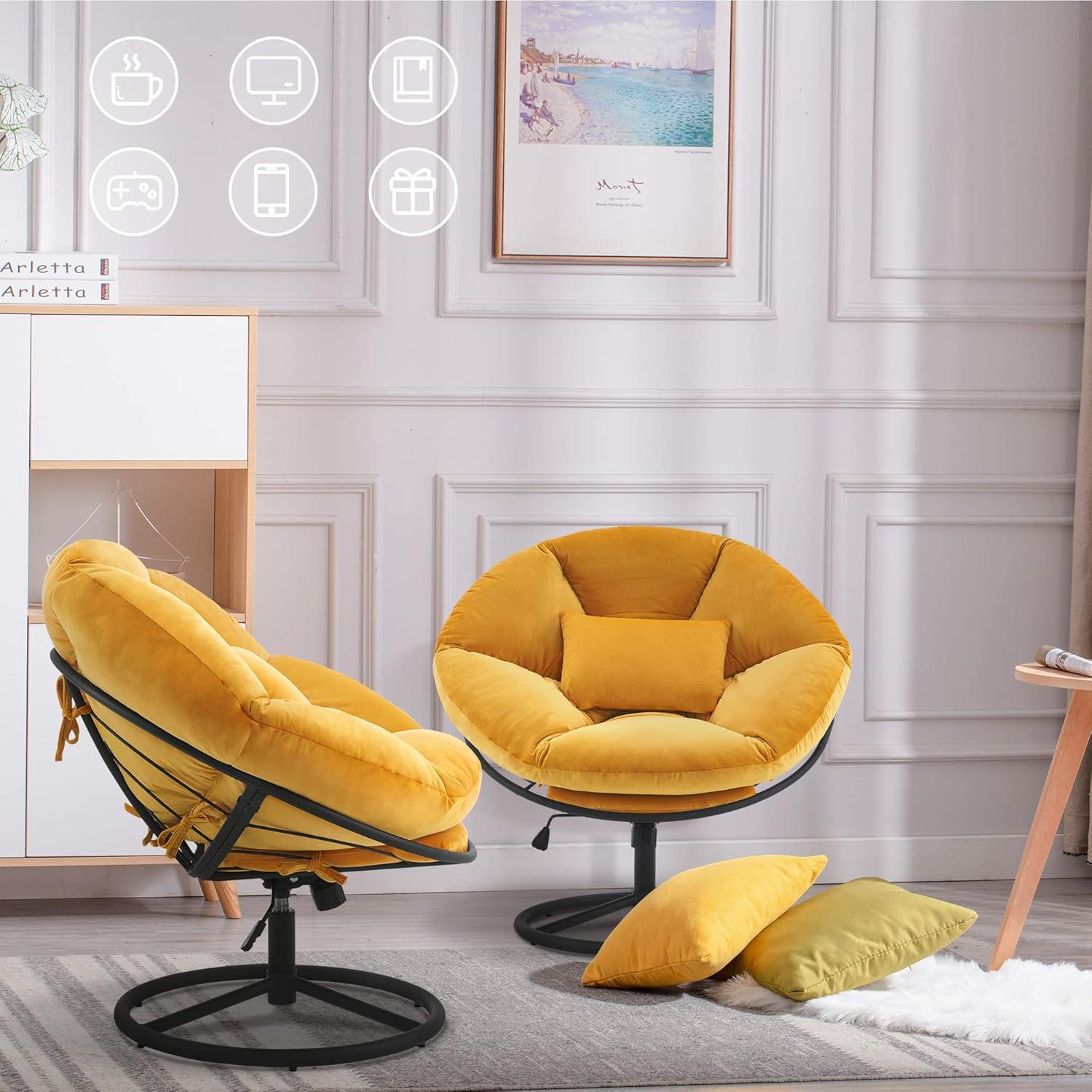 Mcombo Swivel Papasan Chairs, Gas Lift Cozy Chair with Height Adjustment, Velvet Rocking Saucer Chair for Living Room Bedroom HQ405(Yellow)